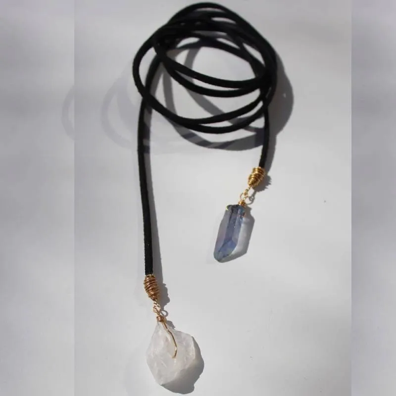 Leather Lariat Layered Necklaces Choose Cowrie Shell And Beads Clear And Amber Crystals Clear And Smokey Crystals Or Natural Turquoise Stones Wear Them Long Or As Stacked Tiered Necklaces Choose Tan Black Or White Cowhide