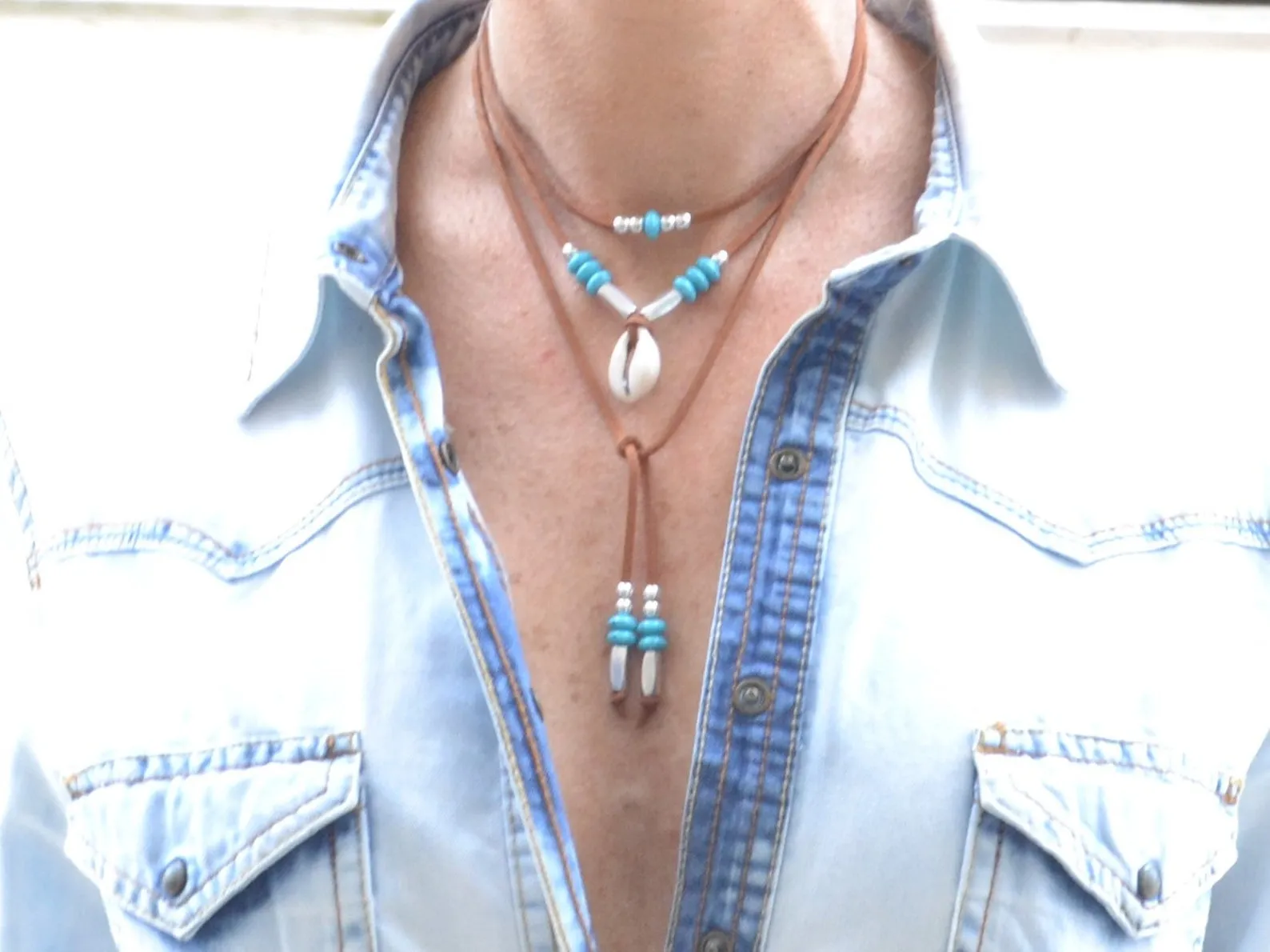 Leather Lariat Layered Necklaces Choose Cowrie Shell And Beads Clear And Amber Crystals Clear And Smokey Crystals Or Natural Turquoise Stones Wear Them Long Or As Stacked Tiered Necklaces Choose Tan Black Or White Cowhide