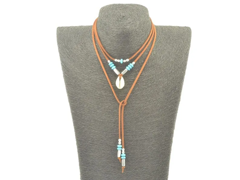 Leather Lariat Layered Necklaces Choose Cowrie Shell And Beads Clear And Amber Crystals Clear And Smokey Crystals Or Natural Turquoise Stones Wear Them Long Or As Stacked Tiered Necklaces Choose Tan Black Or White Cowhide