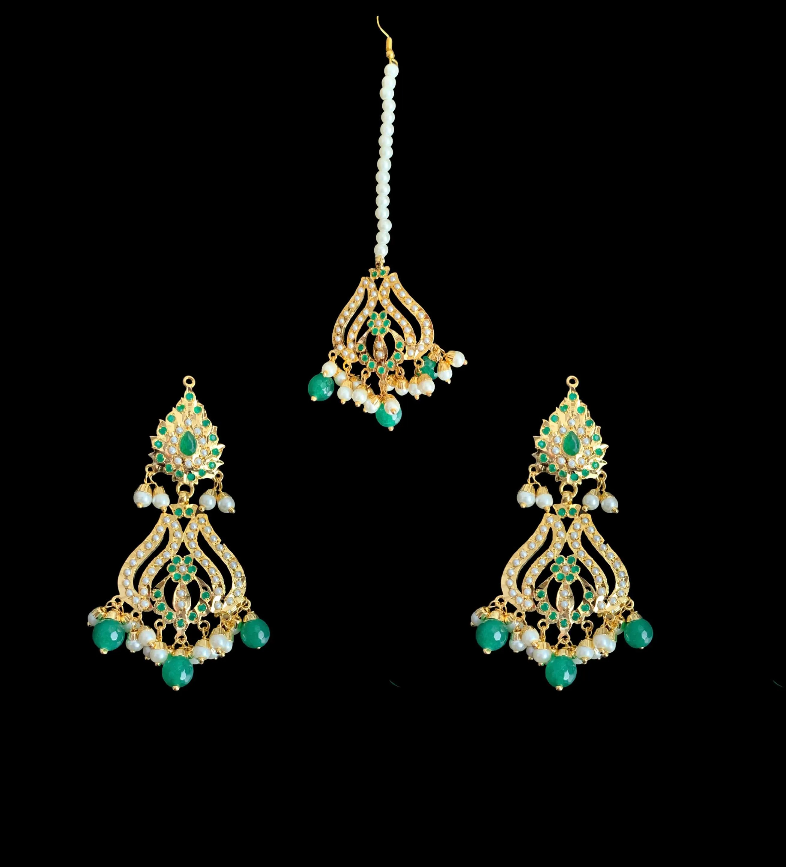 LN123 Sakshi Green / emerald Jadau Rani haar with earrings tika ( READY TO SHIP )