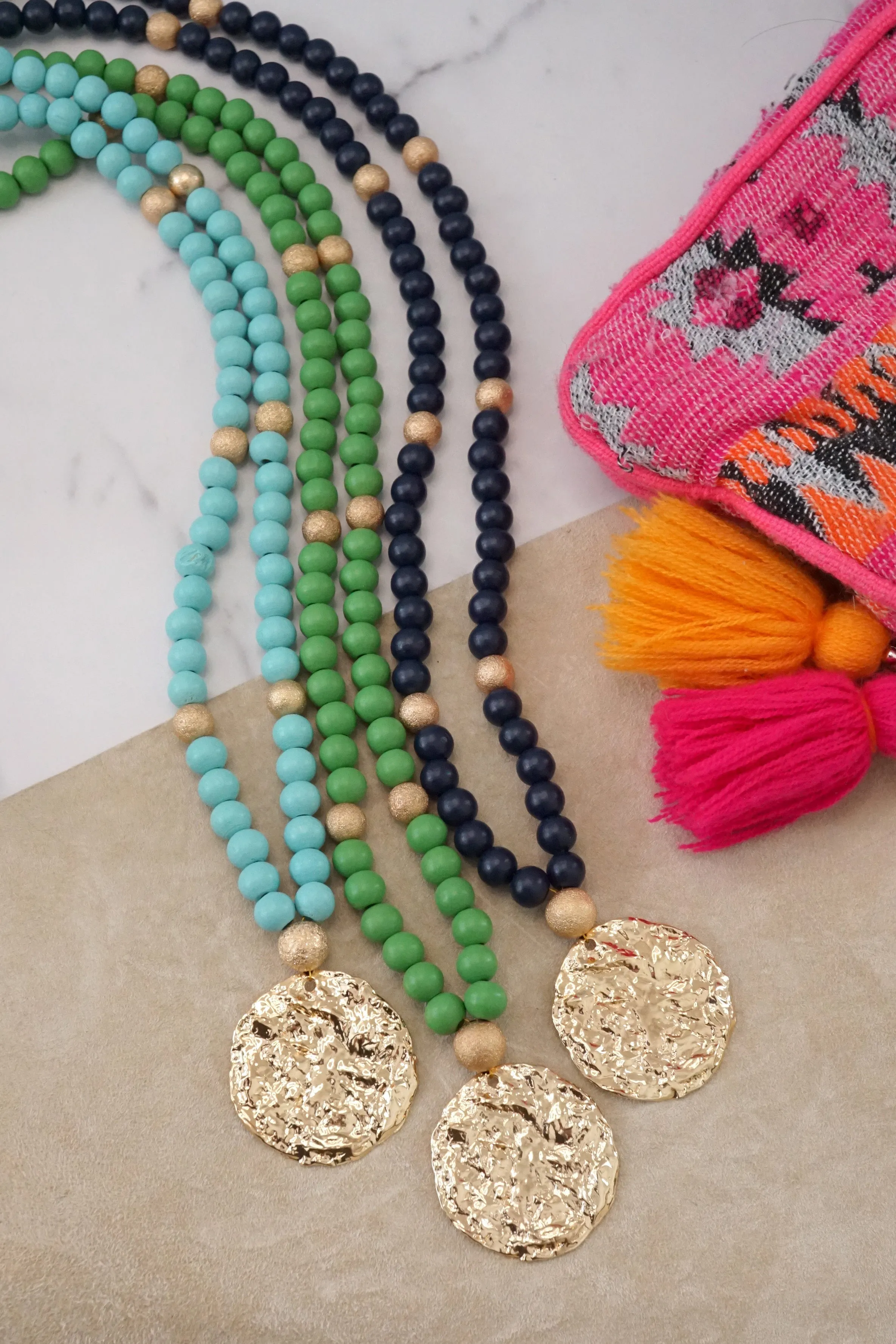 Long Wooden Bead Necklace with gold coin - Green