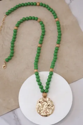 Long Wooden Bead Necklace with gold coin - Green