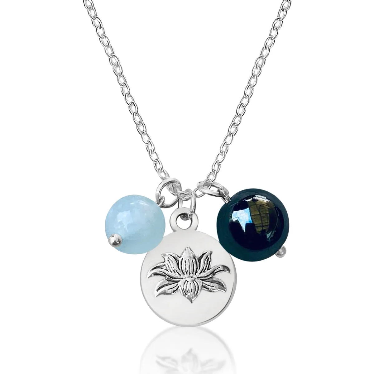 Lotus Charm Necklace with with Hematite and Aquamarine for awakening to the spiritual reality of life