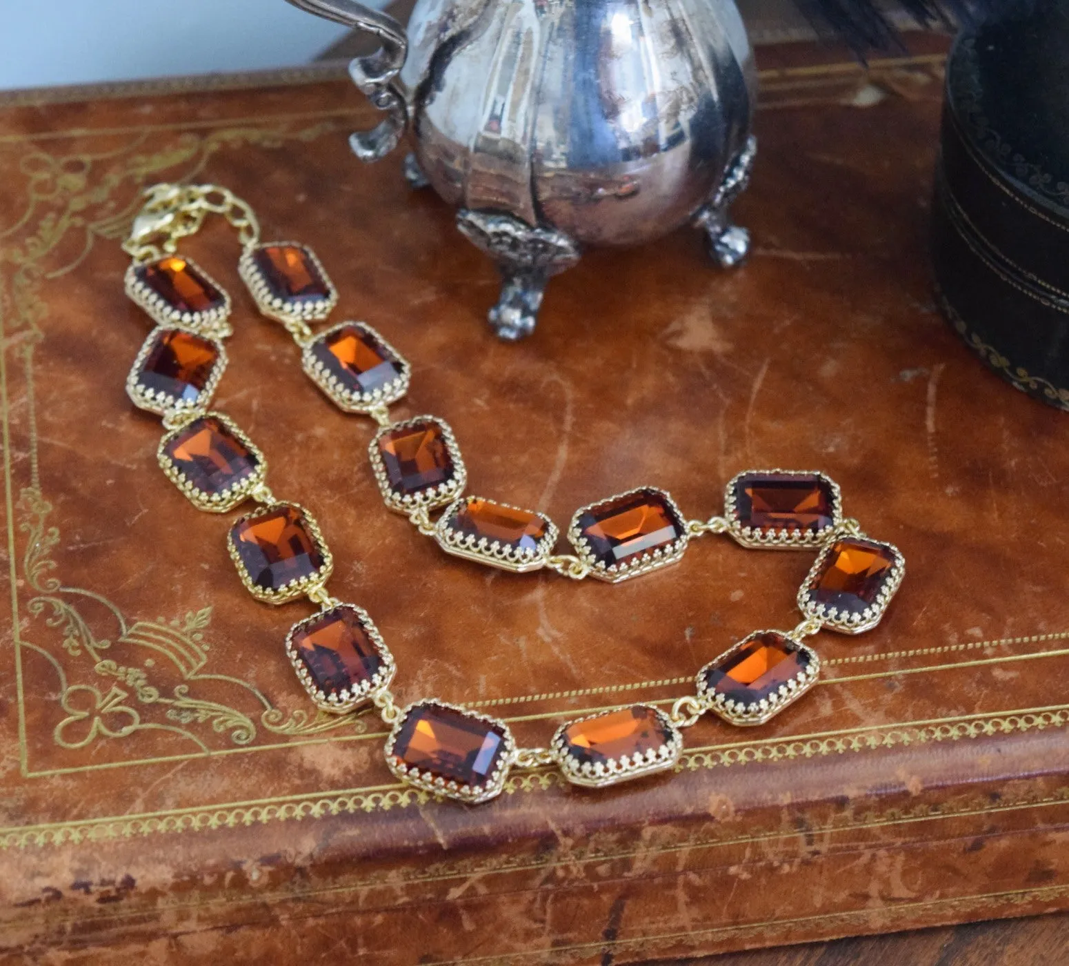 Madeira Topaz Aurora Crystal Necklace - Crown Setting - Large Octagon