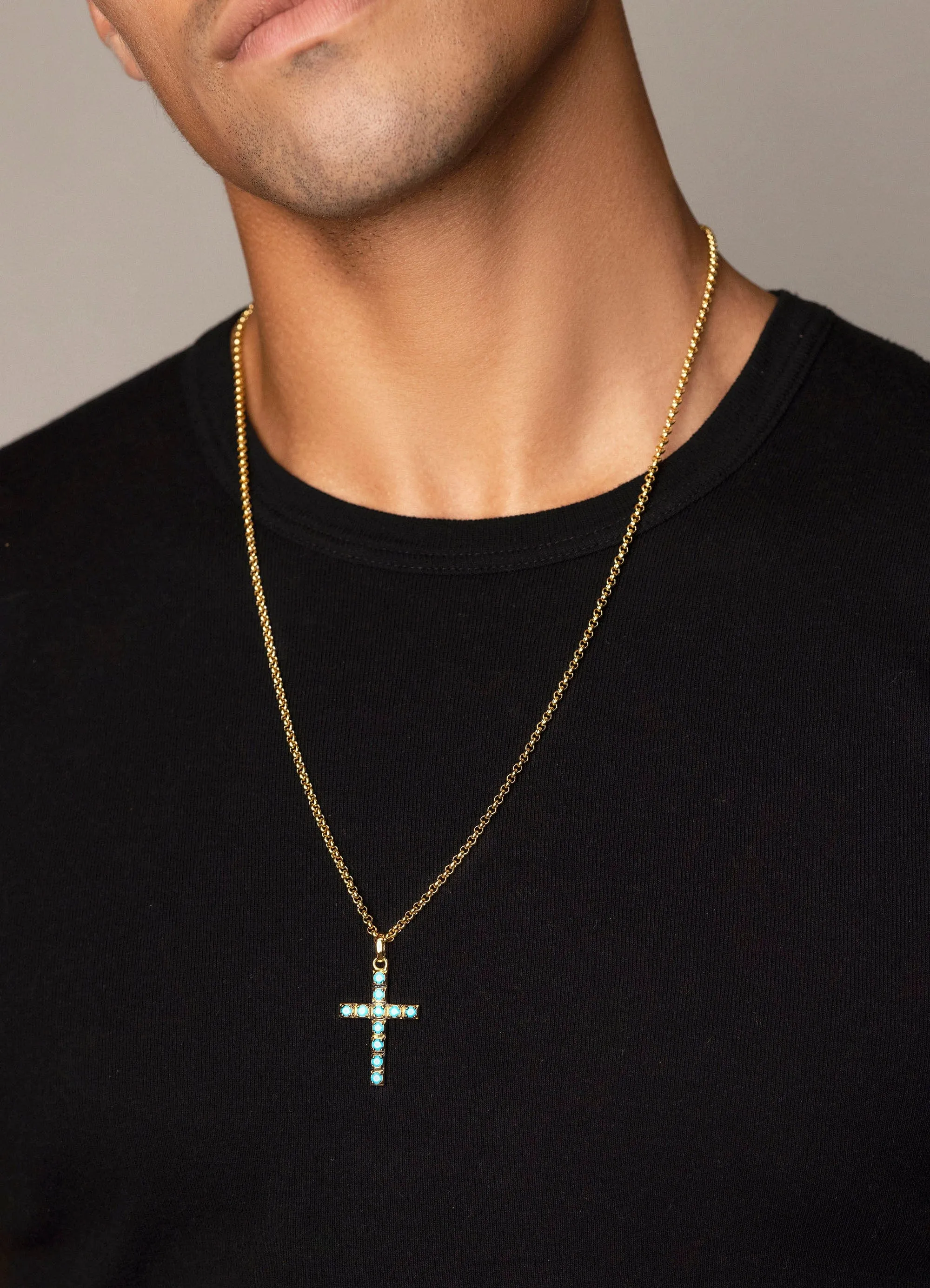 Men's Gold Necklace with Sterling Silver Turquoise Cross Pendant