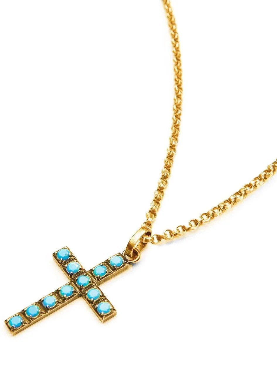 Men's Gold Necklace with Sterling Silver Turquoise Cross Pendant