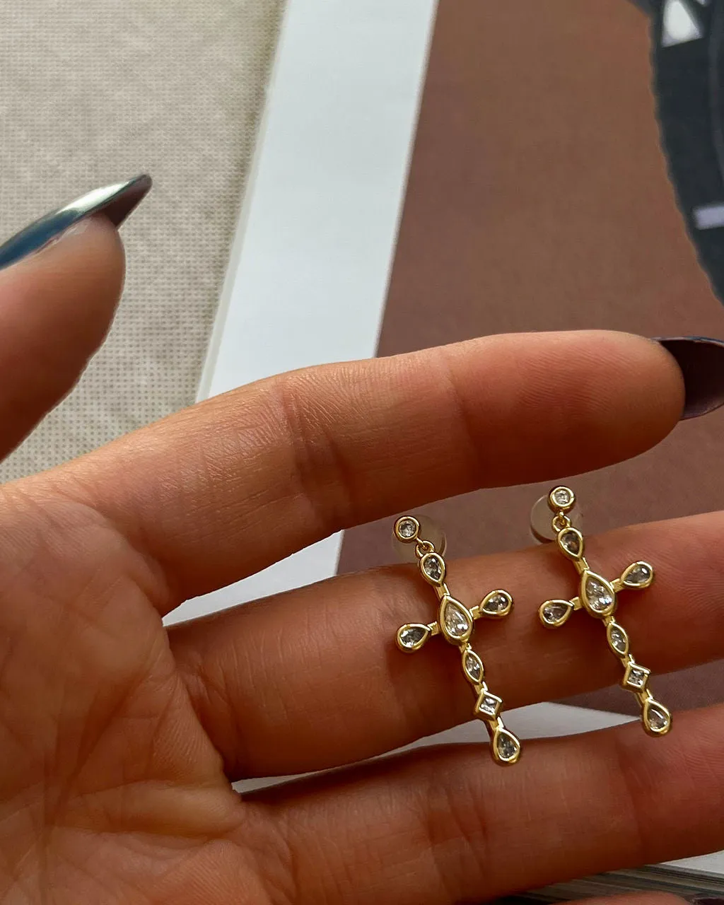 Mini Bezel Stone Cross Studs- Gold