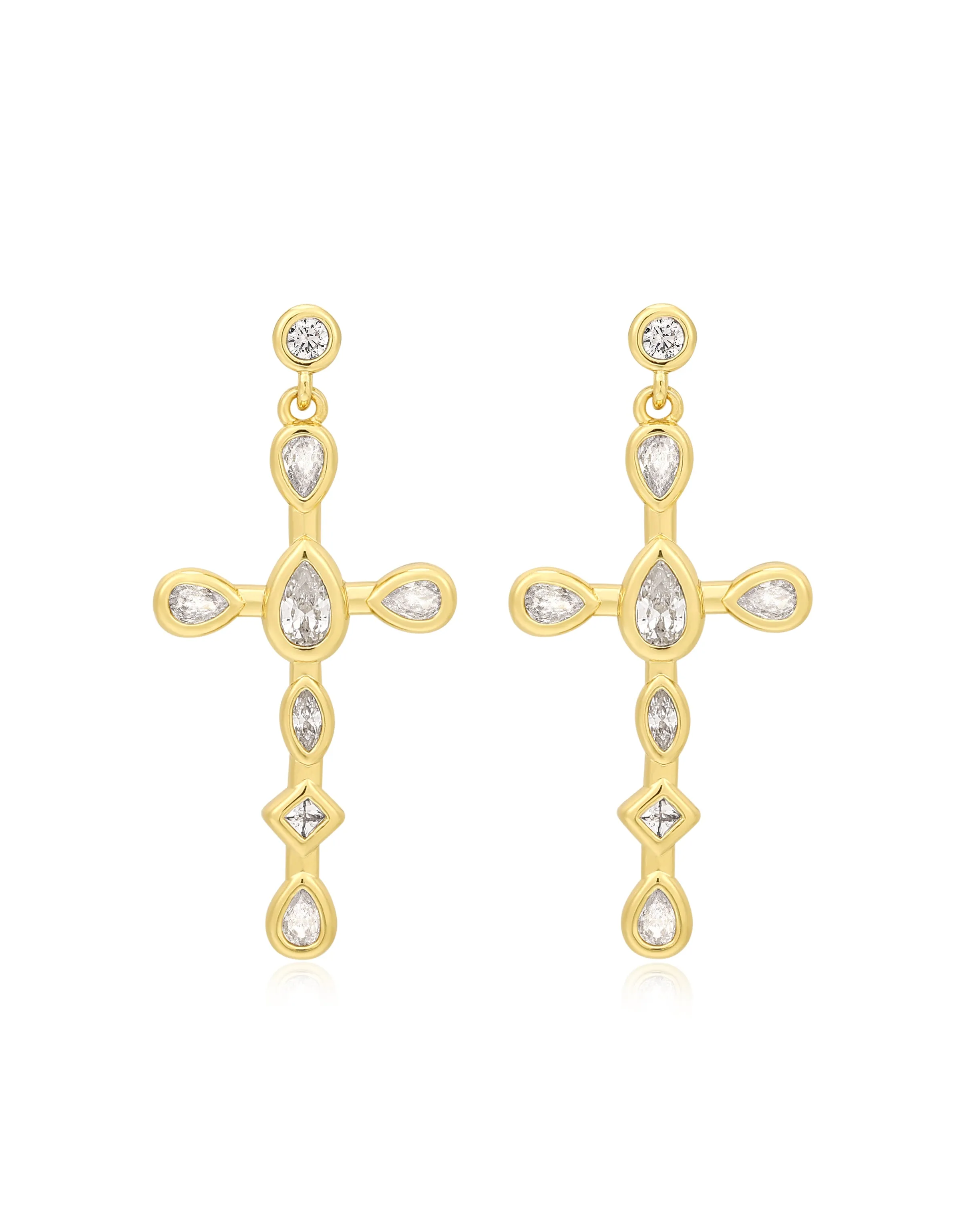 Mini Bezel Stone Cross Studs- Gold