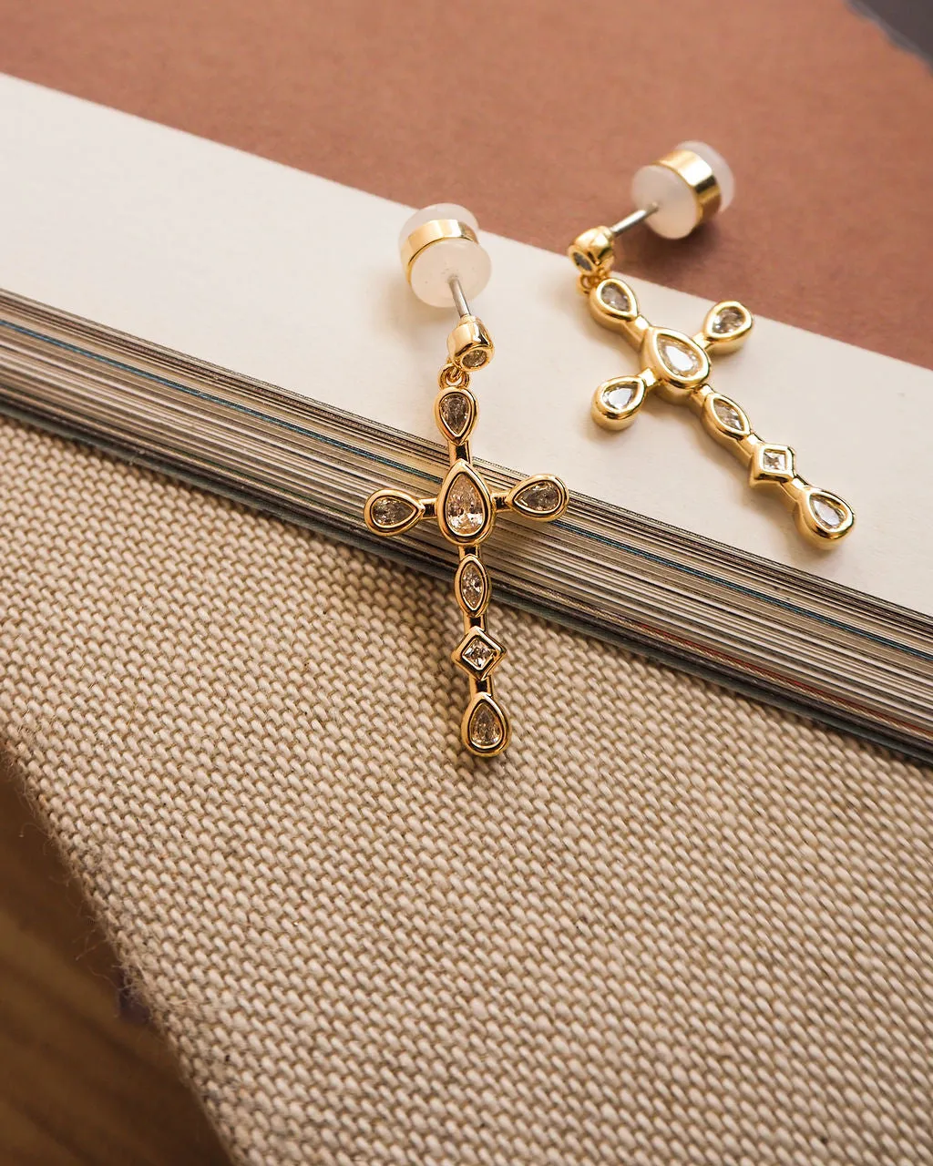 Mini Bezel Stone Cross Studs- Gold