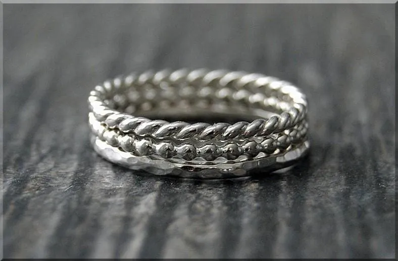 MTO Set of 3 Sterling Silver Stackable Rings,Full Bead Hammered Twisted Jewelry, Gift for her