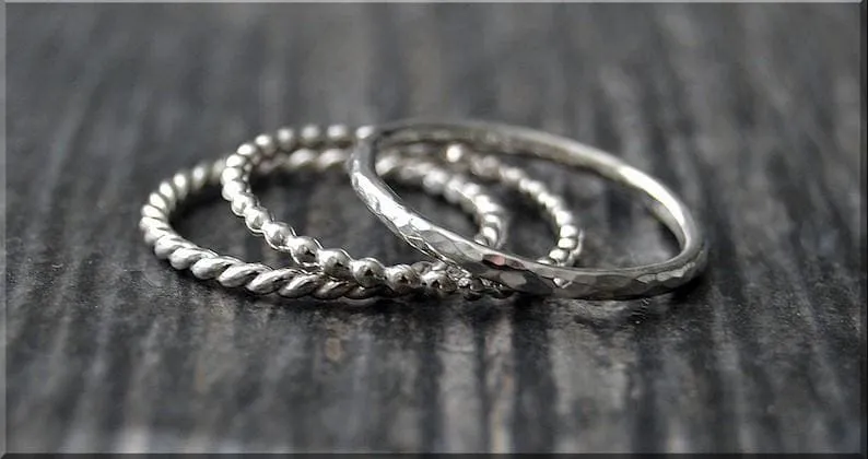 MTO Set of 3 Sterling Silver Stackable Rings,Full Bead Hammered Twisted Jewelry, Gift for her