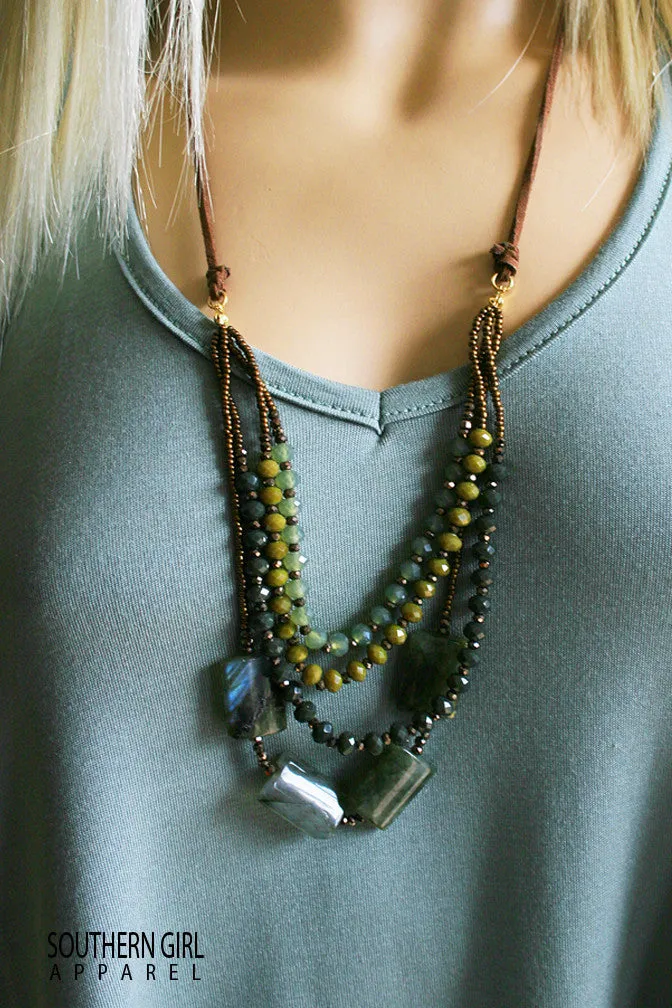 Multi Length Olive Tone Beaded Fashion Necklace