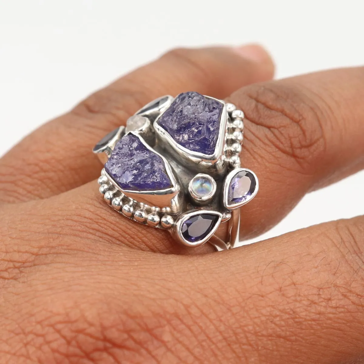 Natural Raw Tanzanite Iolite Rainbow Moonstone Ring, Handmade 925 Sterling Silver Ring, Multi Stone Ring,Raw Tanzanite Ring, Nickel Free