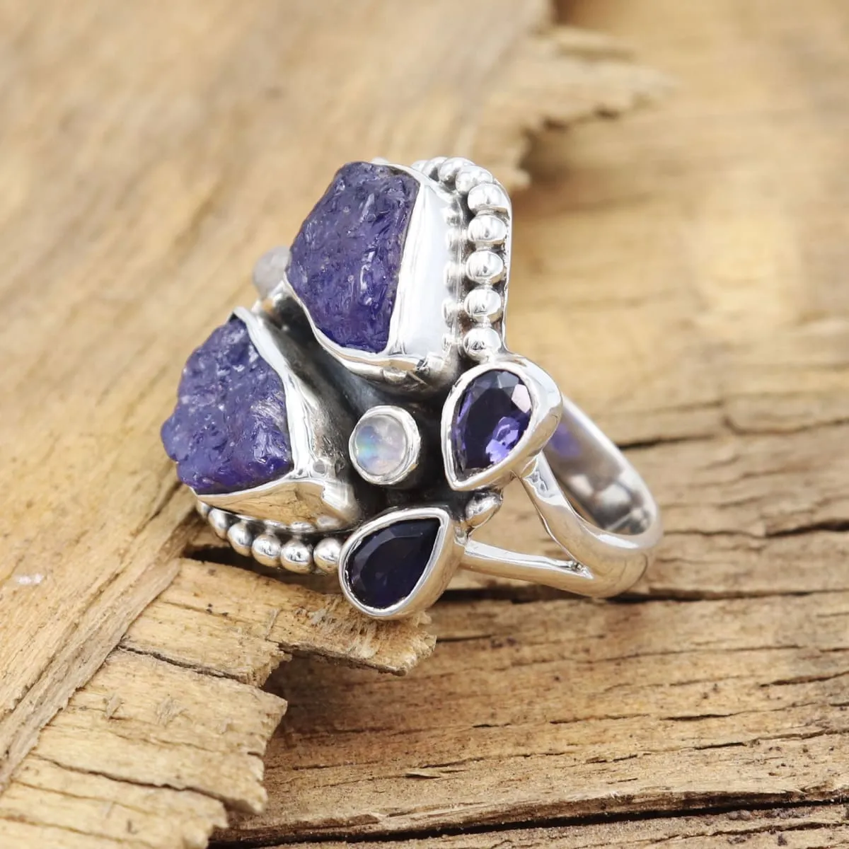 Natural Raw Tanzanite Iolite Rainbow Moonstone Ring, Handmade 925 Sterling Silver Ring, Multi Stone Ring,Raw Tanzanite Ring, Nickel Free