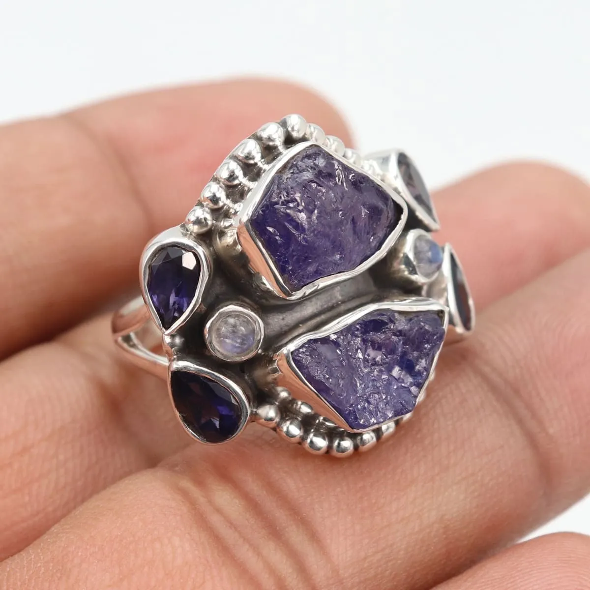 Natural Raw Tanzanite Iolite Rainbow Moonstone Ring, Handmade 925 Sterling Silver Ring, Multi Stone Ring,Raw Tanzanite Ring, Nickel Free