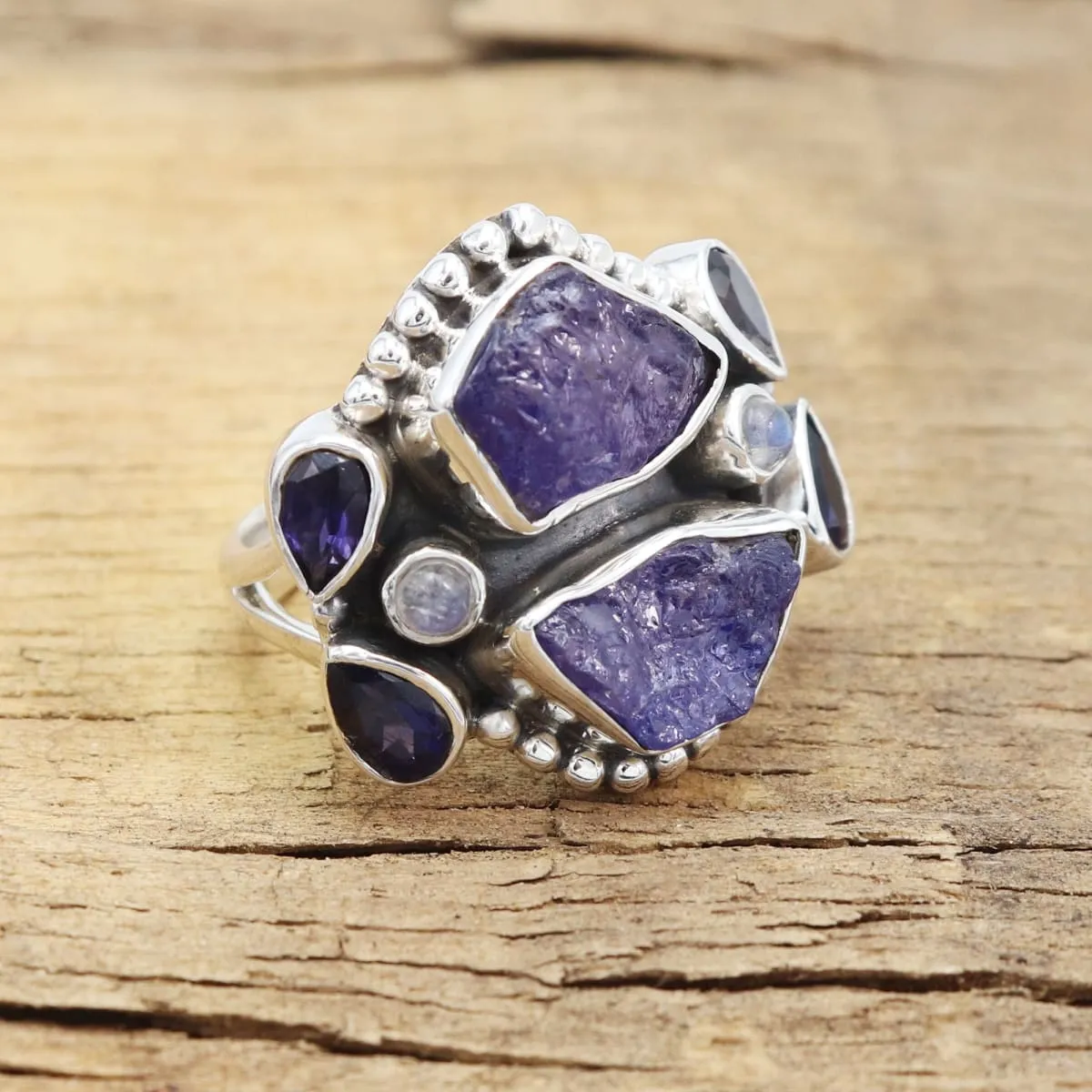 Natural Raw Tanzanite Iolite Rainbow Moonstone Ring, Handmade 925 Sterling Silver Ring, Multi Stone Ring,Raw Tanzanite Ring, Nickel Free