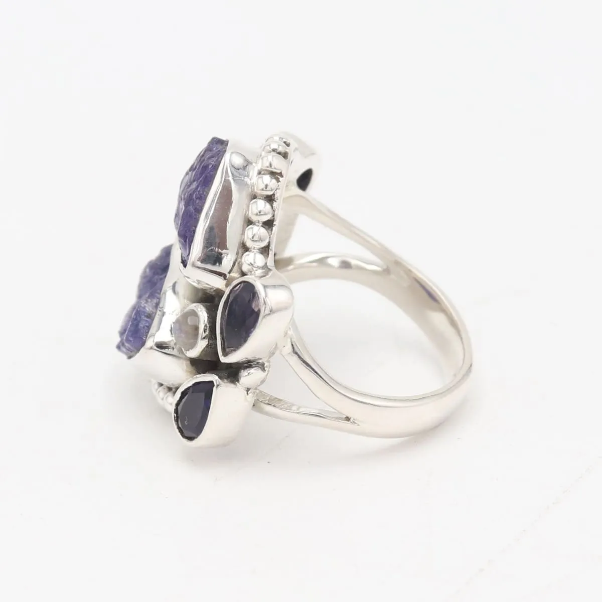 Natural Raw Tanzanite Iolite Rainbow Moonstone Ring, Handmade 925 Sterling Silver Ring, Multi Stone Ring,Raw Tanzanite Ring, Nickel Free