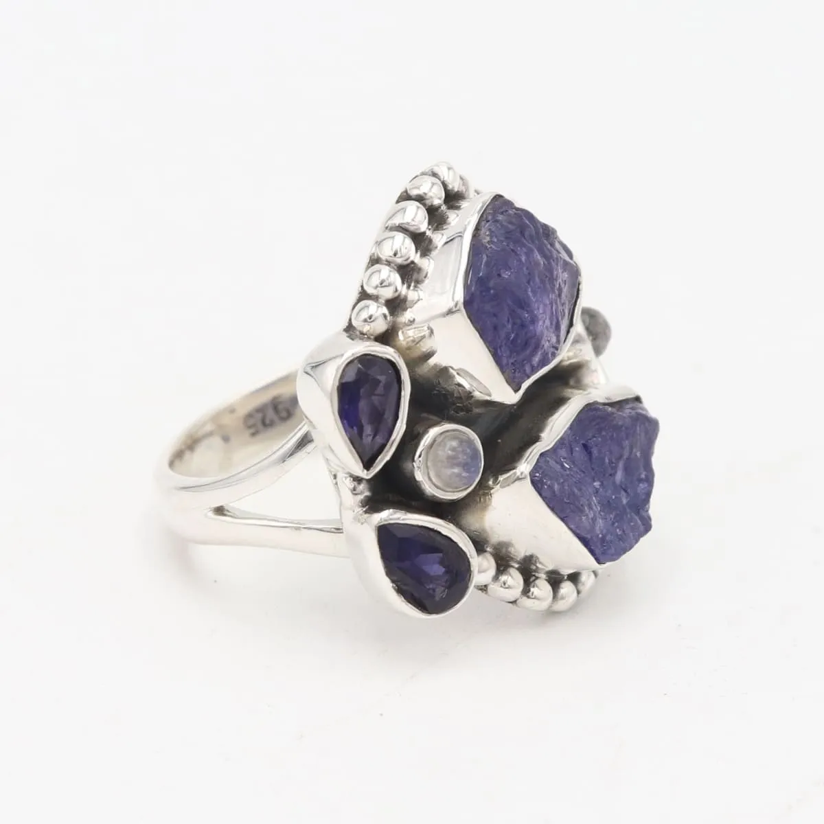 Natural Raw Tanzanite Iolite Rainbow Moonstone Ring, Handmade 925 Sterling Silver Ring, Multi Stone Ring,Raw Tanzanite Ring, Nickel Free