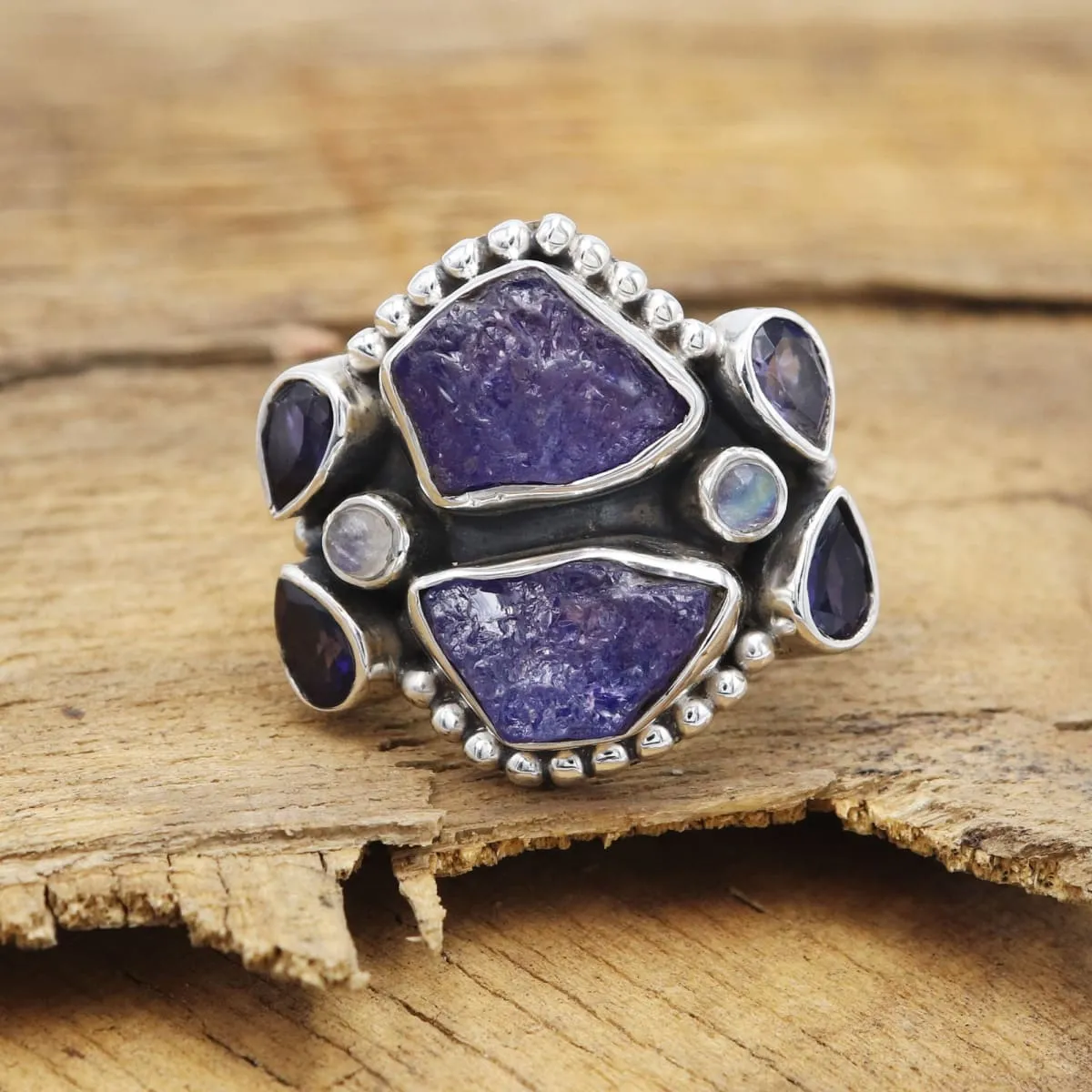 Natural Raw Tanzanite Iolite Rainbow Moonstone Ring, Handmade 925 Sterling Silver Ring, Multi Stone Ring,Raw Tanzanite Ring, Nickel Free