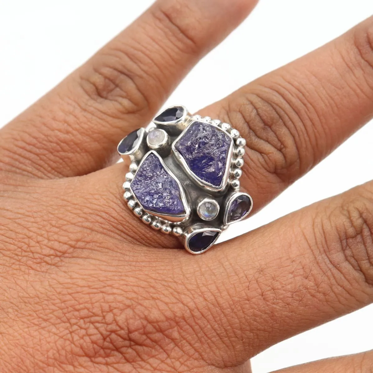 Natural Raw Tanzanite Iolite Rainbow Moonstone Ring, Handmade 925 Sterling Silver Ring, Multi Stone Ring,Raw Tanzanite Ring, Nickel Free