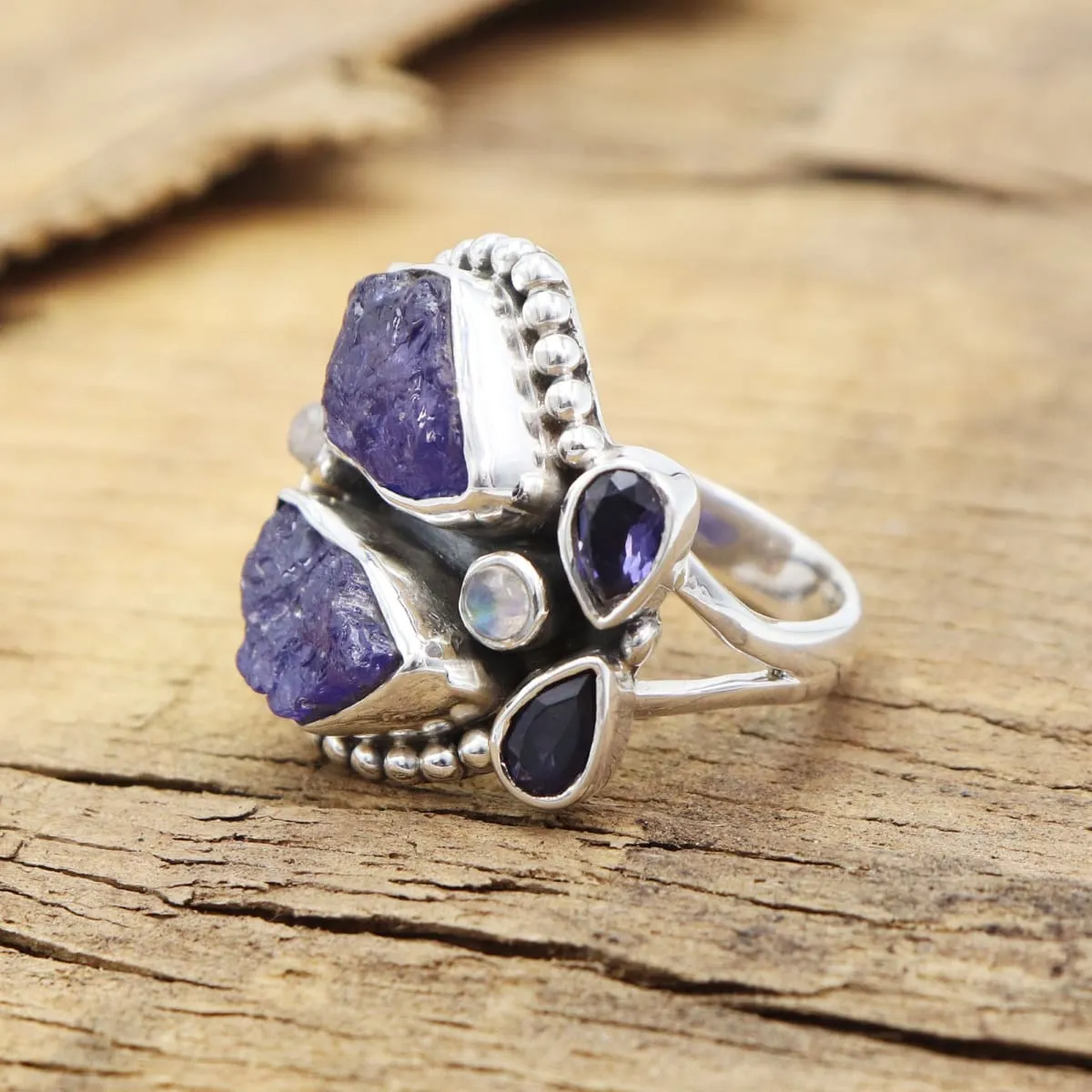 Natural Raw Tanzanite Iolite Rainbow Moonstone Ring, Handmade 925 Sterling Silver Ring, Multi Stone Ring,Raw Tanzanite Ring, Nickel Free