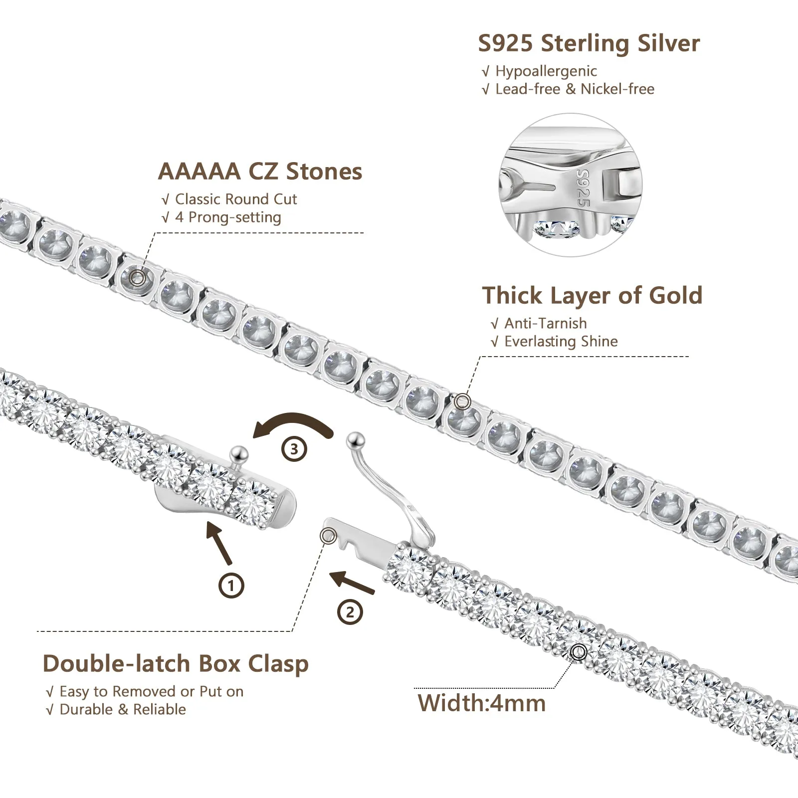 【NEW】4mm 925 Sterling Silver CZ Diamond Tennis Chain Necklace KRKC