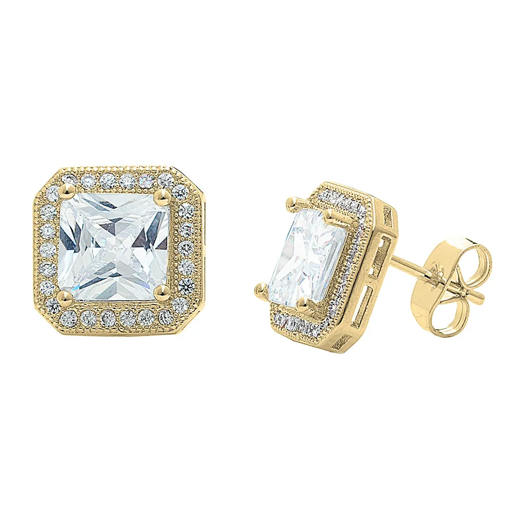 Norah 18k White Gold Plated Princess Cut CZ Halo Stud Earrings