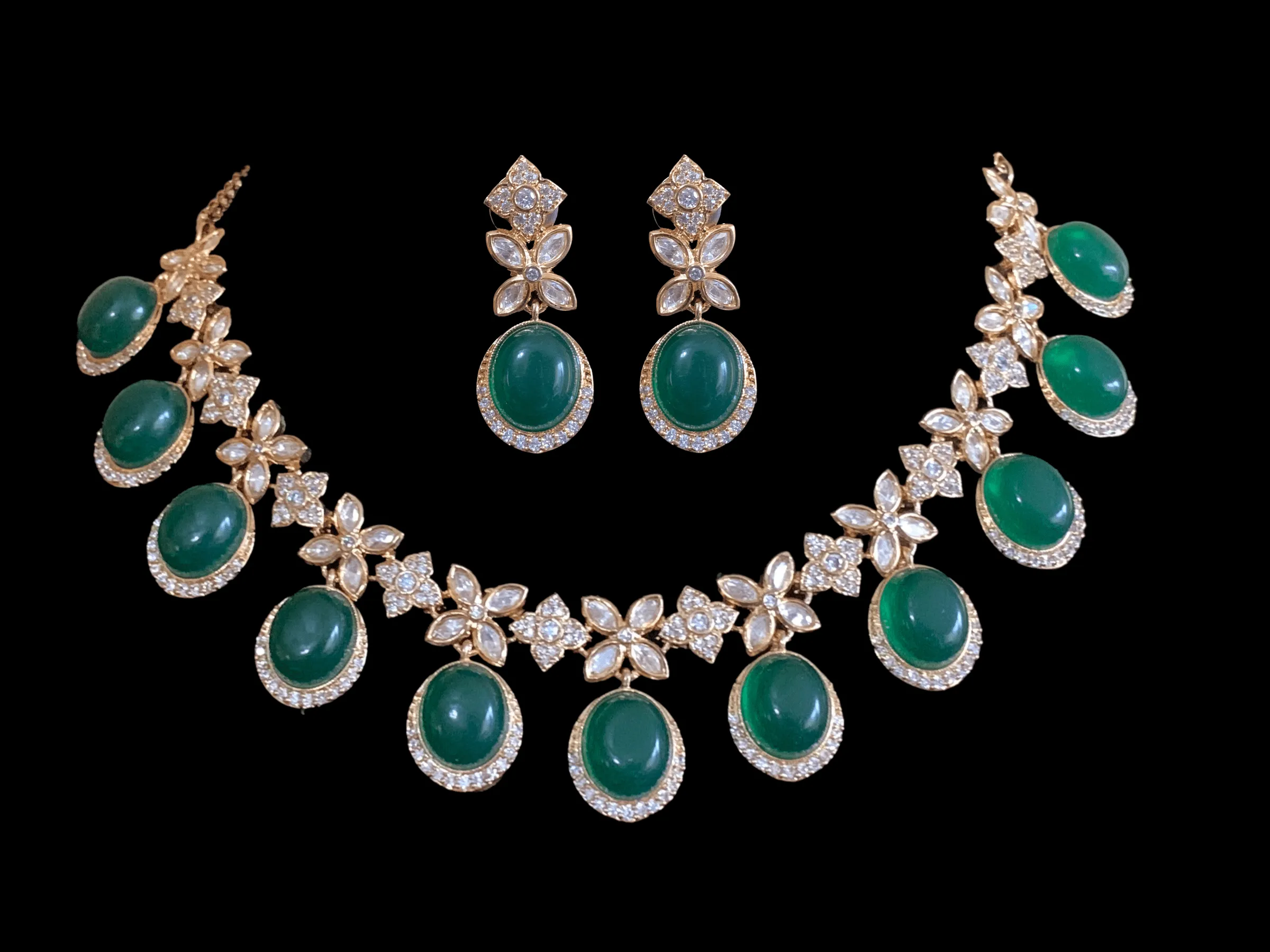 NS345  Gold plated high quality cz polki necklace with earrings - Green ( READY TO SHIP)