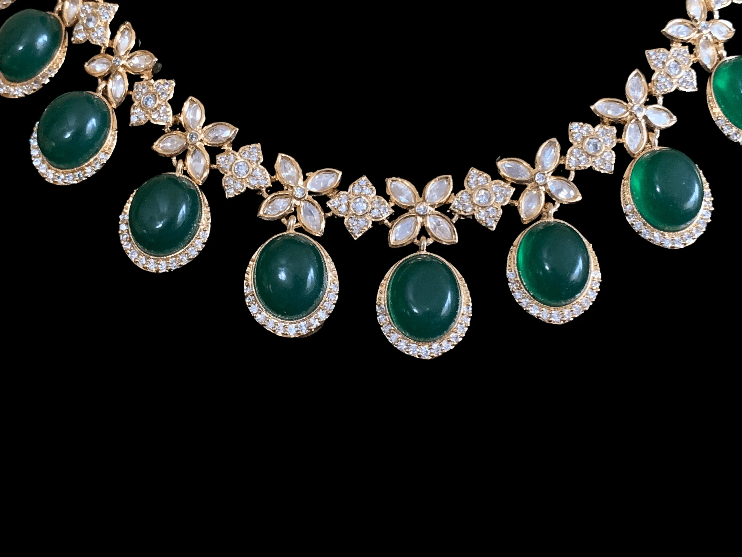 NS345  Gold plated high quality cz polki necklace with earrings - Green ( READY TO SHIP)