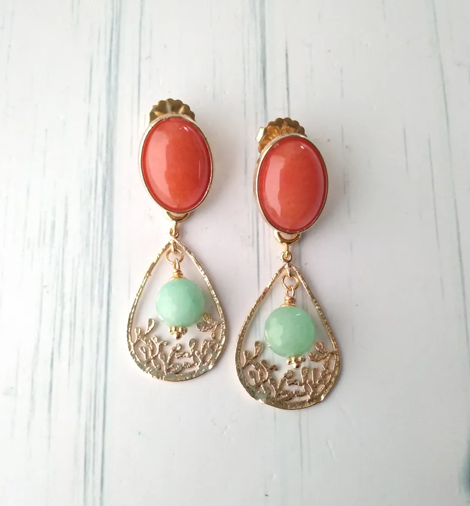 Orange Jade Brass Studs with Mint Green Jade Filigree Dangles