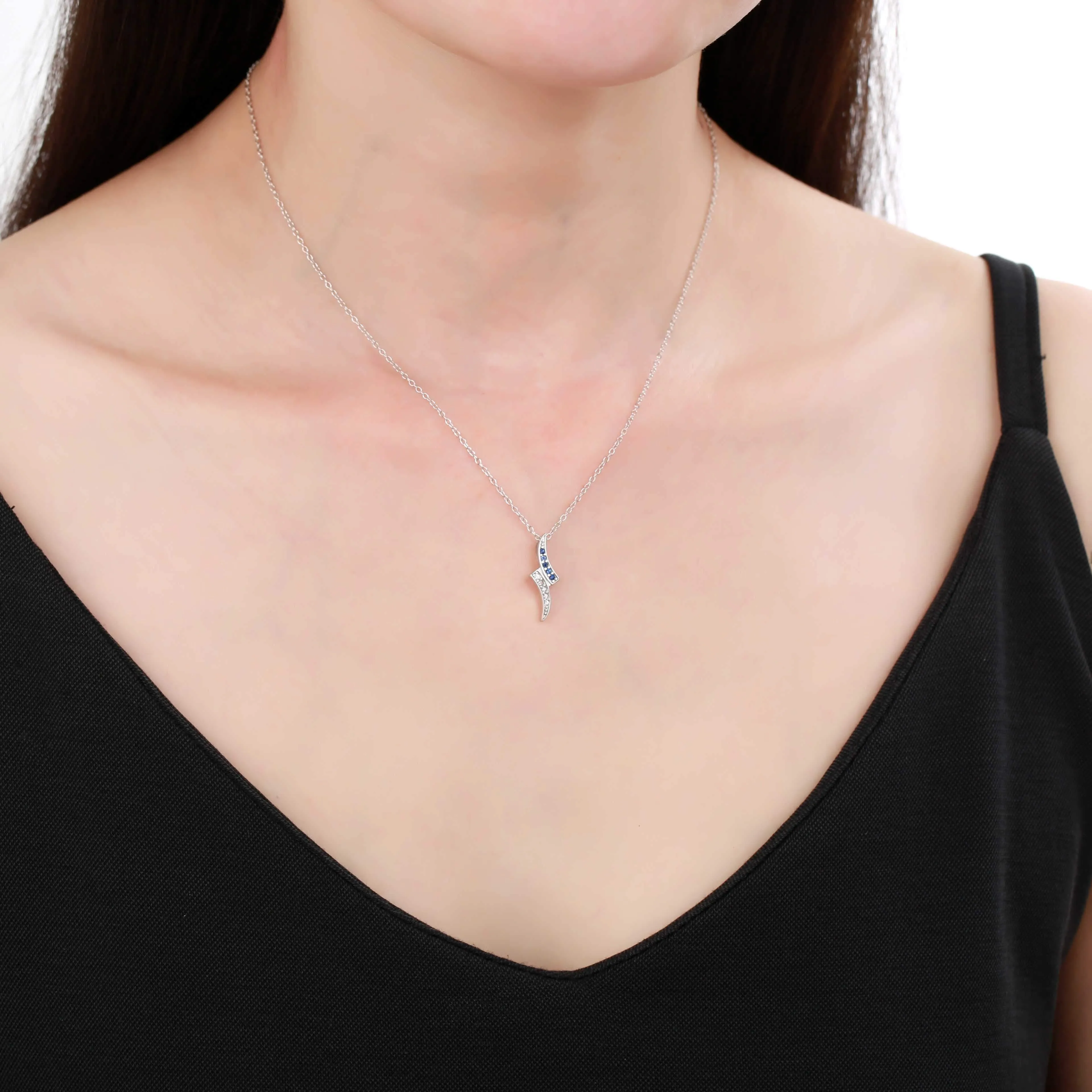 Petite Round Genuine Blue Sapphire Pendant Necklace with White Sapphire