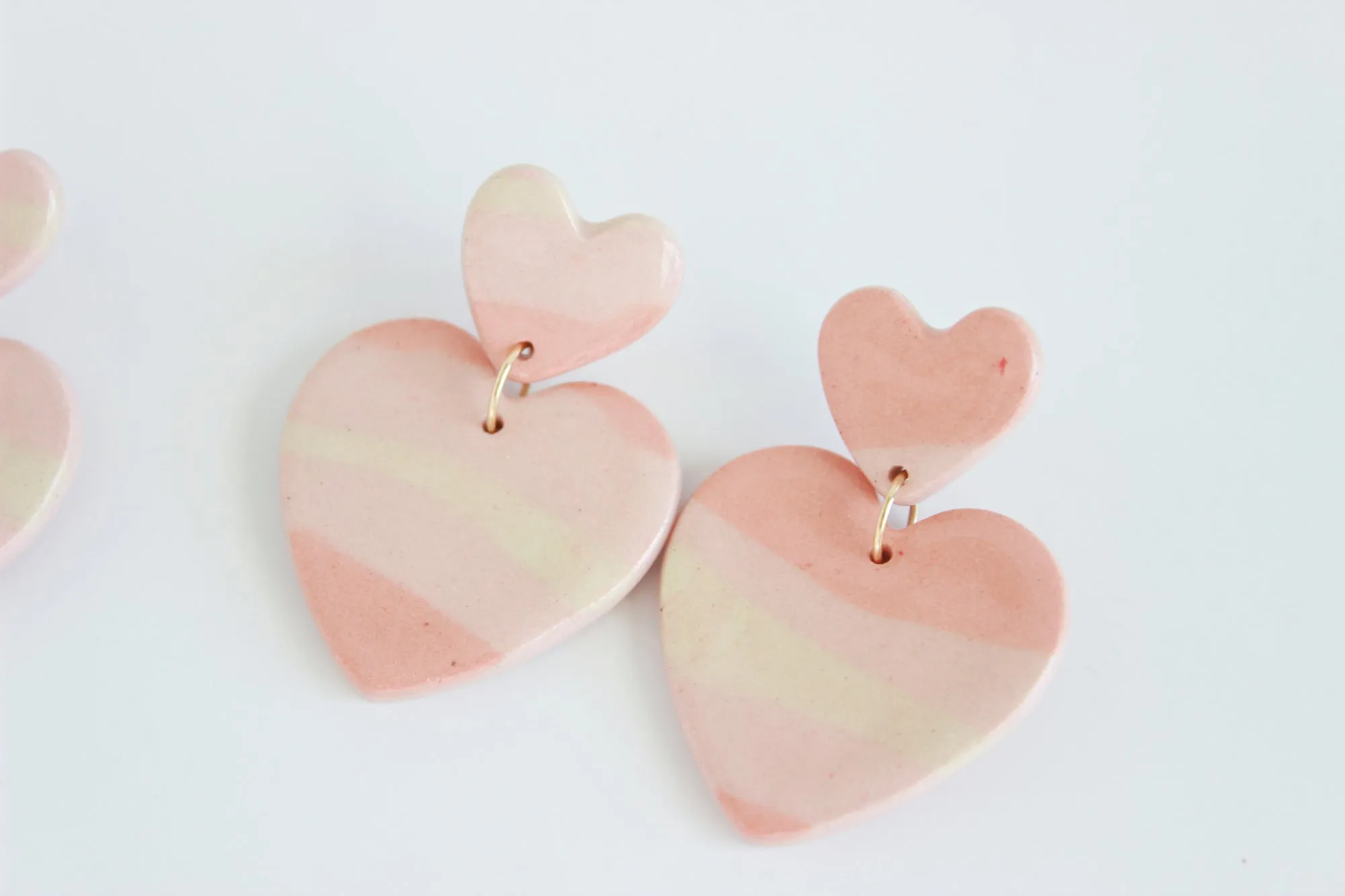 Pink Striped Double Heart Statement Earrings / Valentine Collection