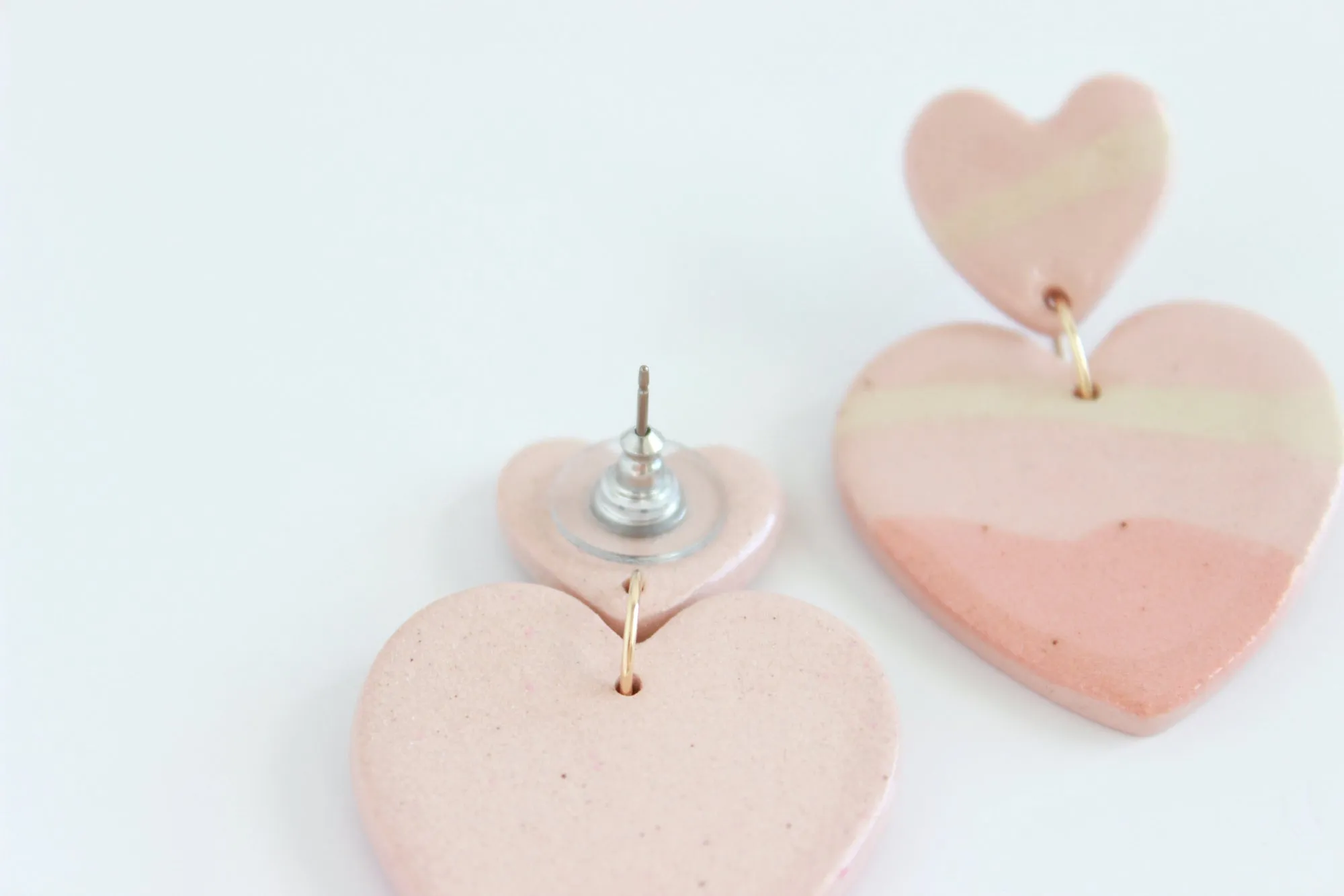 Pink Striped Double Heart Statement Earrings / Valentine Collection