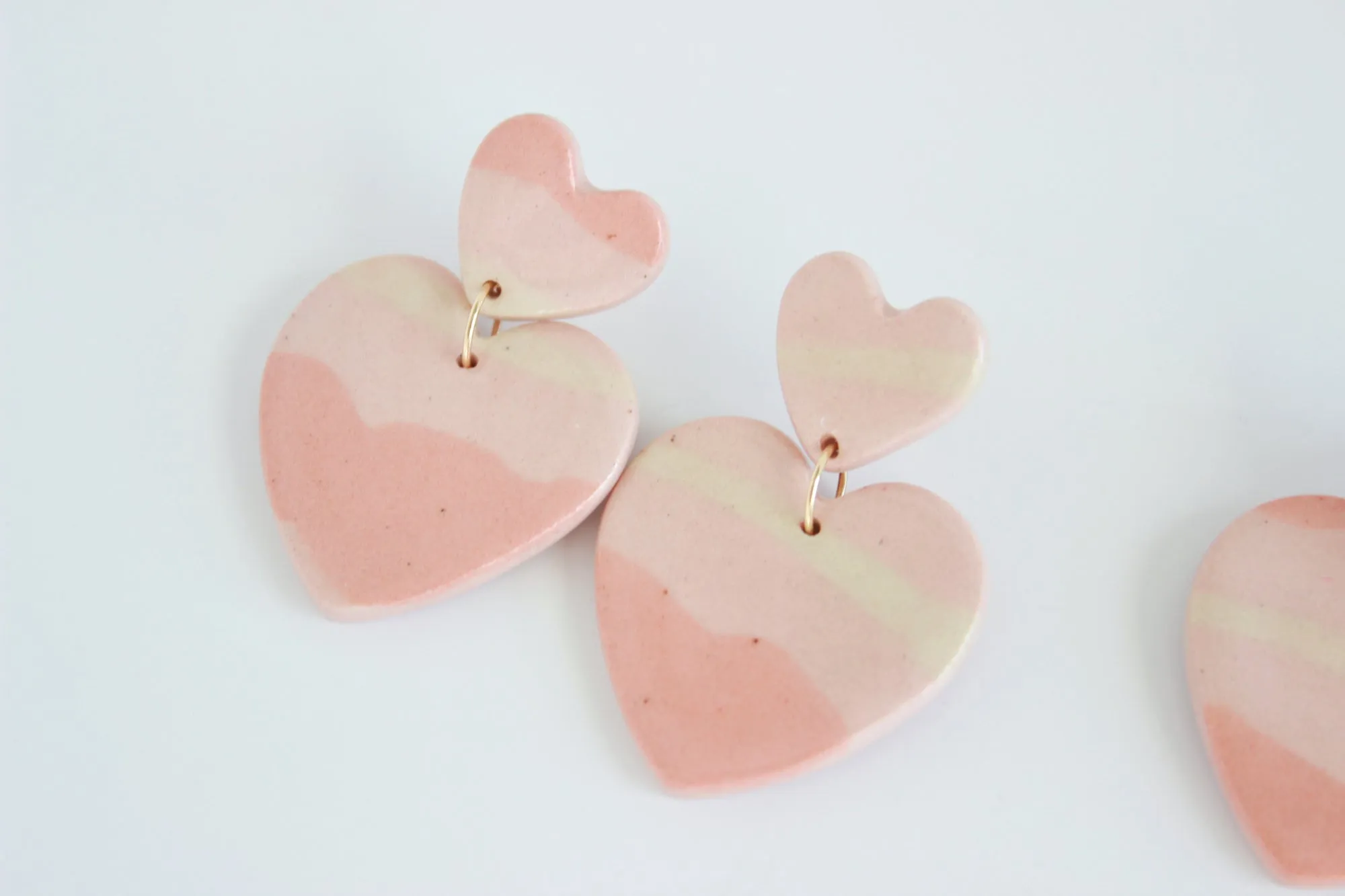 Pink Striped Double Heart Statement Earrings / Valentine Collection