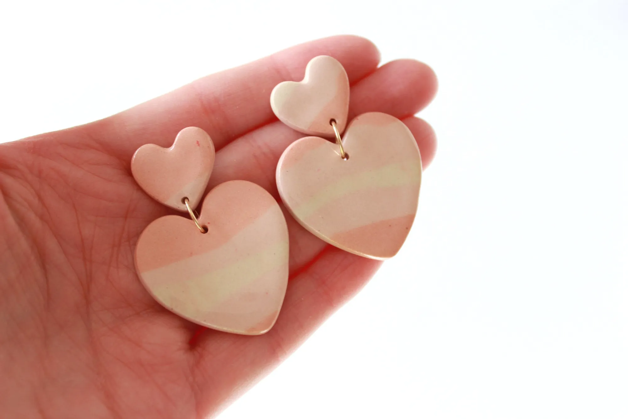 Pink Striped Double Heart Statement Earrings / Valentine Collection