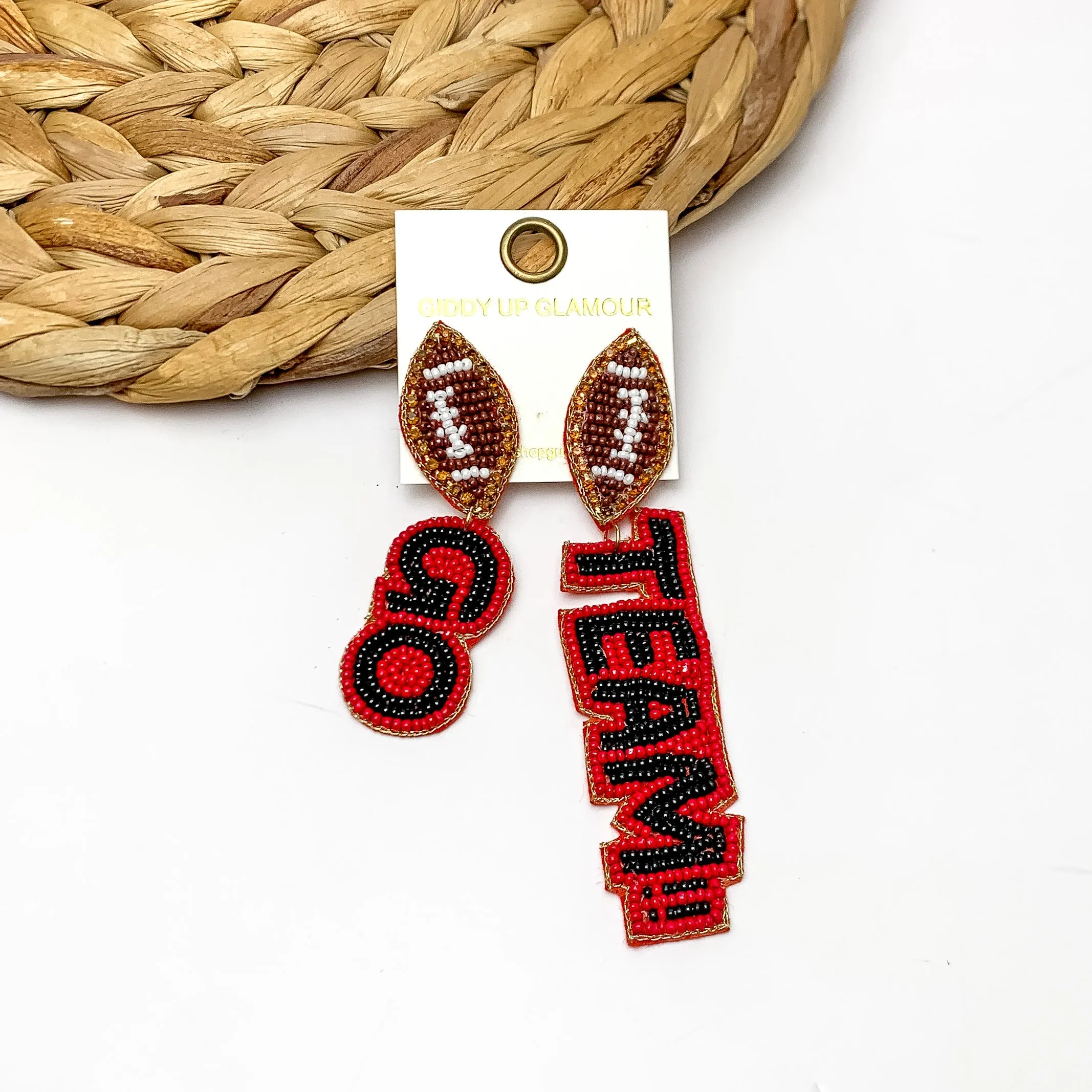 "Go Team!!" Beaded Earrings With Football Posts in Black and Red