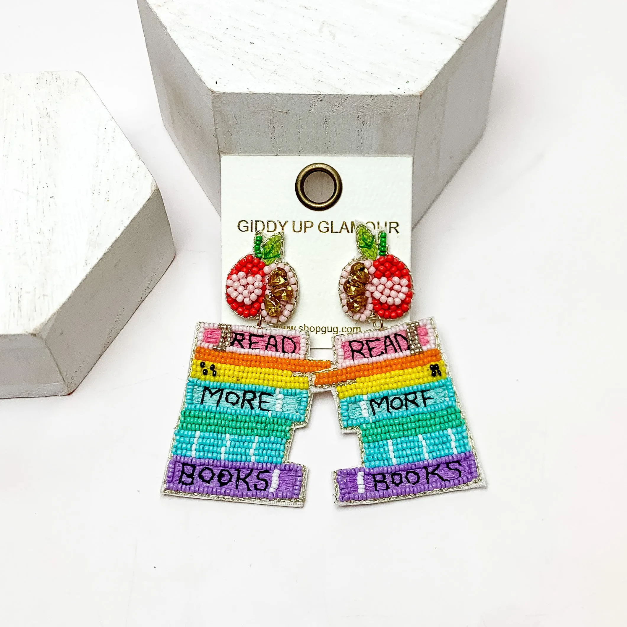 "Read More Books" Multicolor Beaded Earrings With Apple Posts