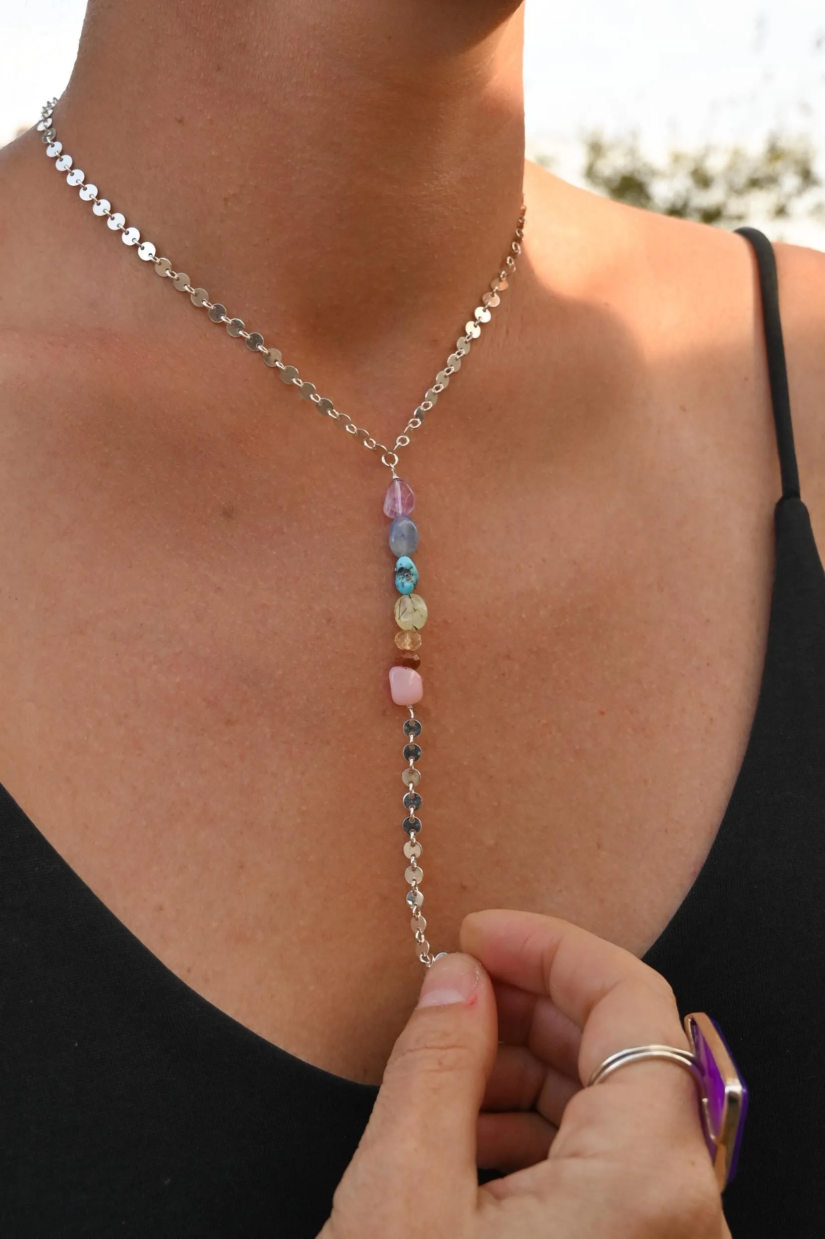 Rainbow Energy 7 Chakra Silver Lariat Necklace