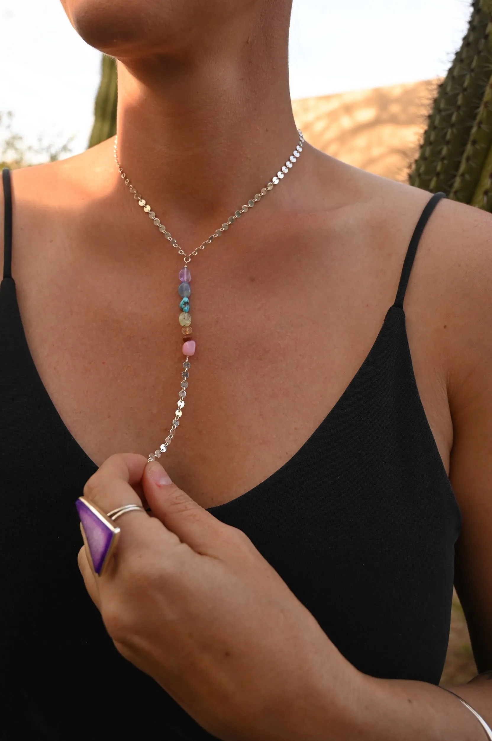 Rainbow Energy 7 Chakra Silver Lariat Necklace