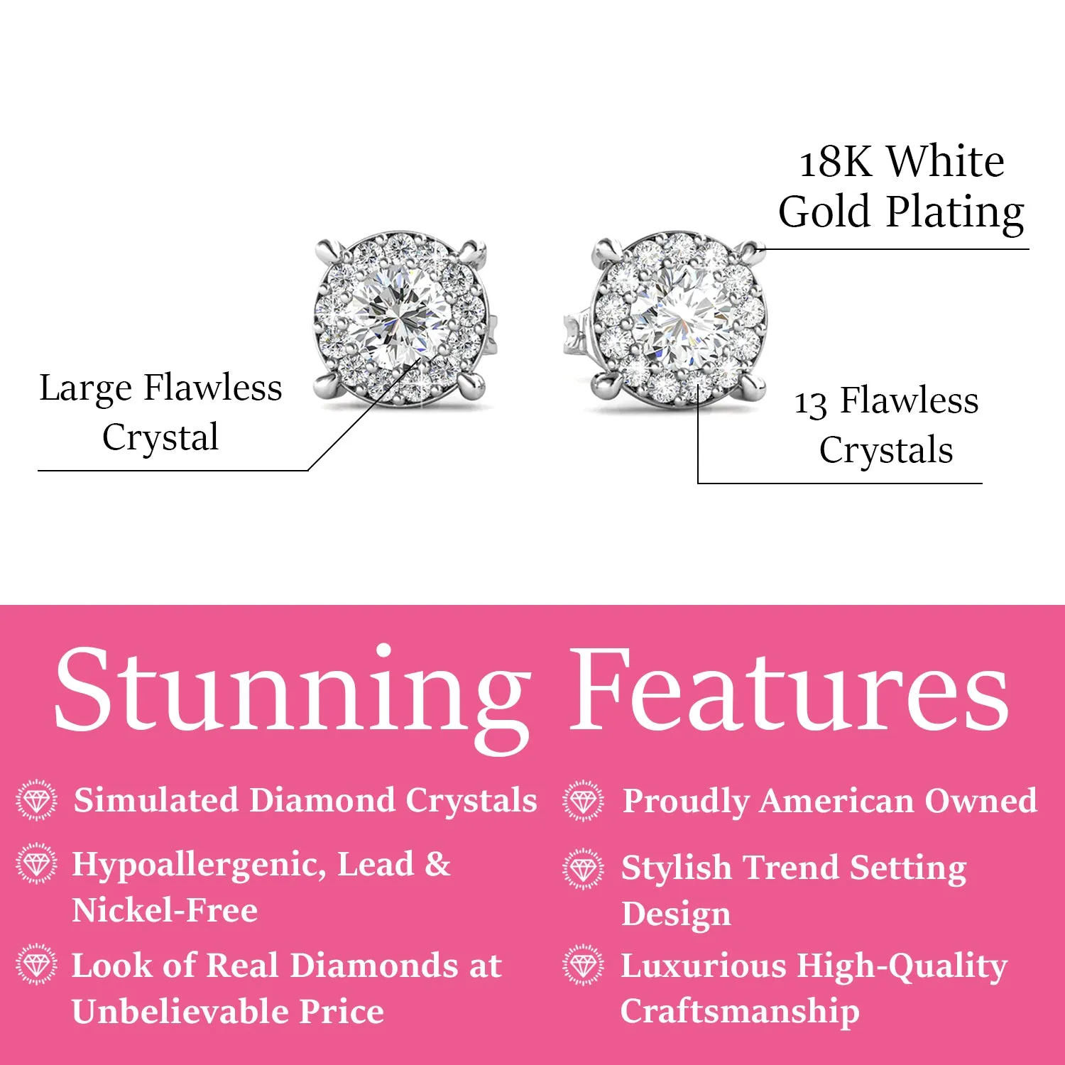 Raylee 18k White Gold Plated Stud Earrings with Round Cut Solitaire Swarovski Crystal