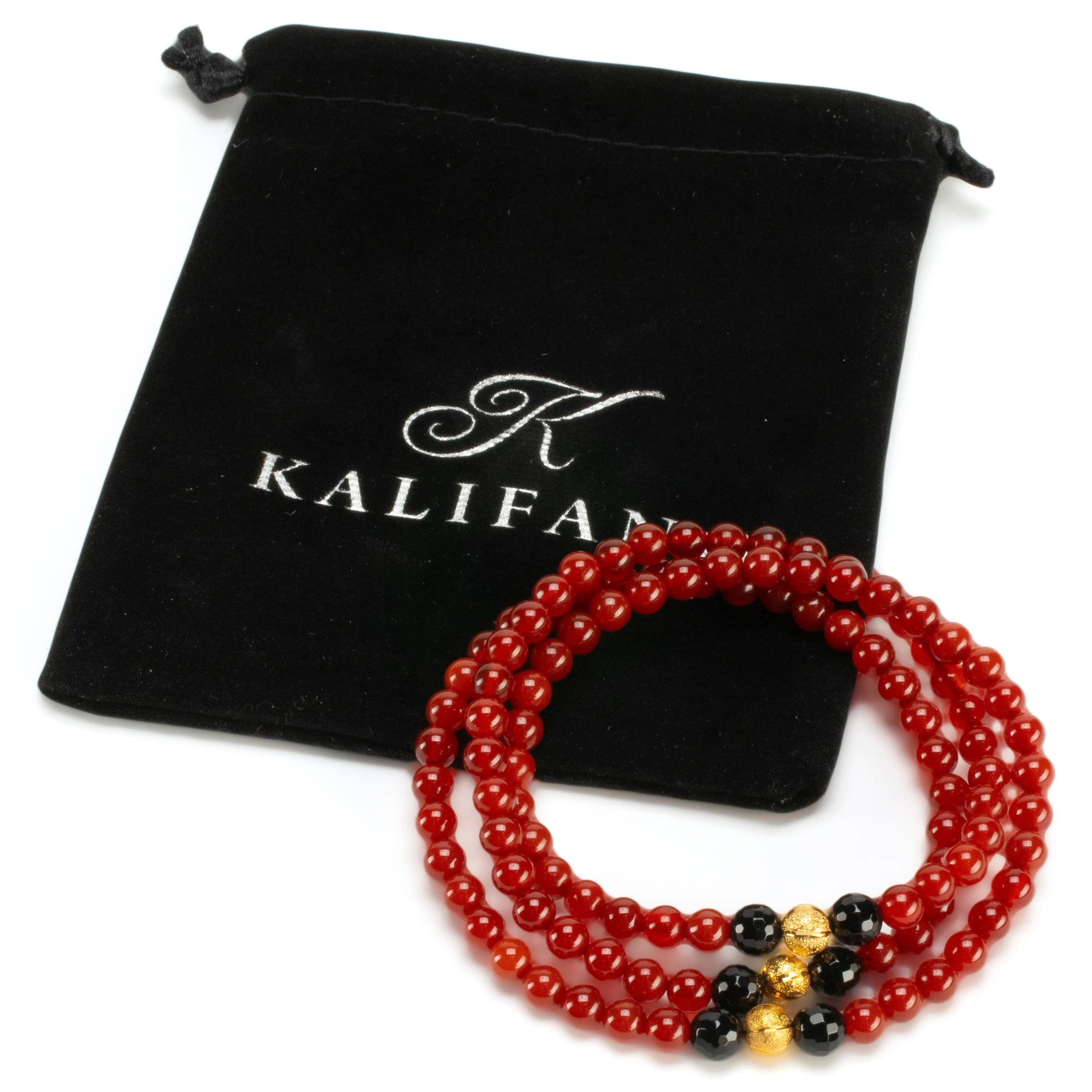 Red Agate 6mm Beads with Black Agate & Gold Accent Beads Triple Wrap Gemstone Elastic Bracelet