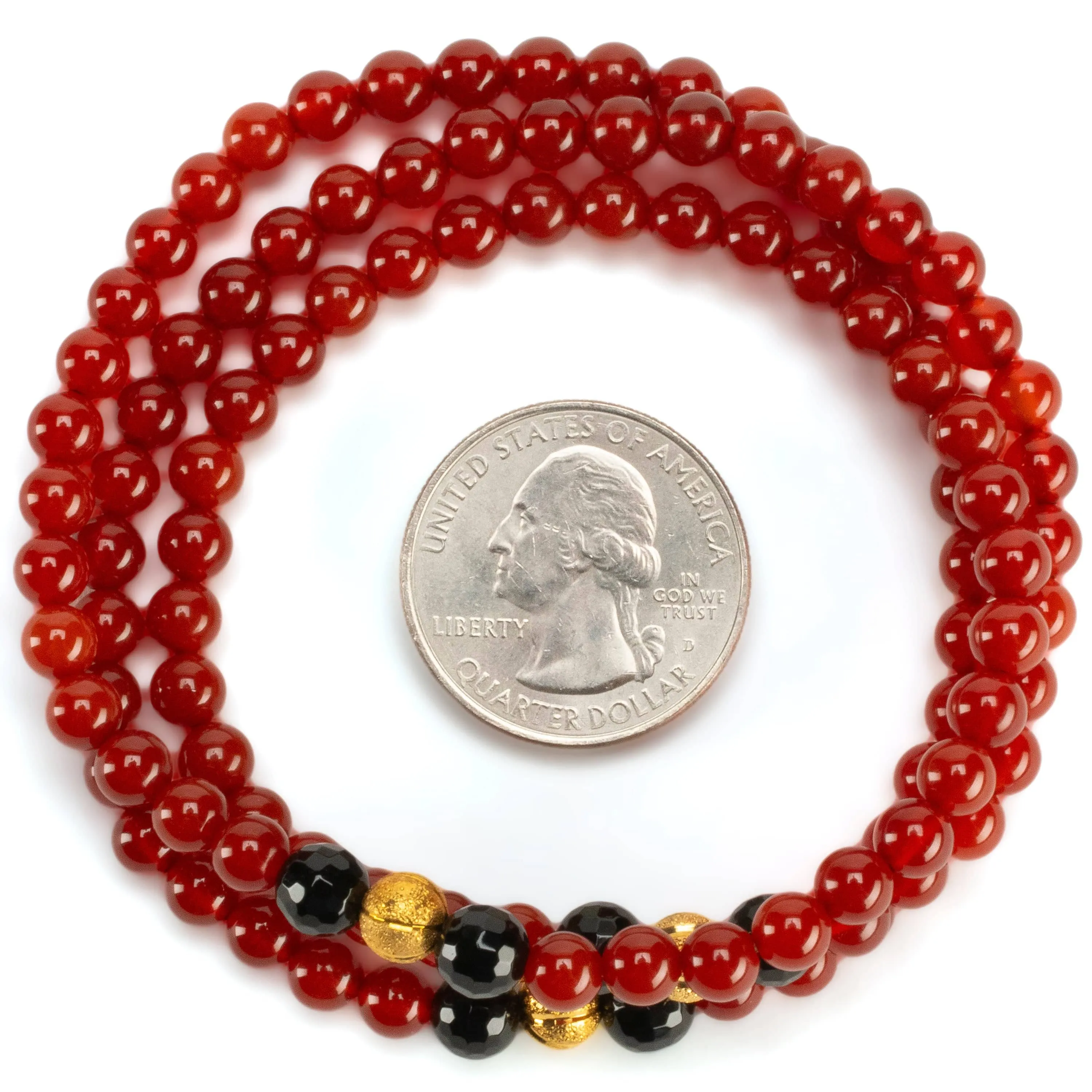 Red Agate 6mm Beads with Black Agate & Gold Accent Beads Triple Wrap Gemstone Elastic Bracelet