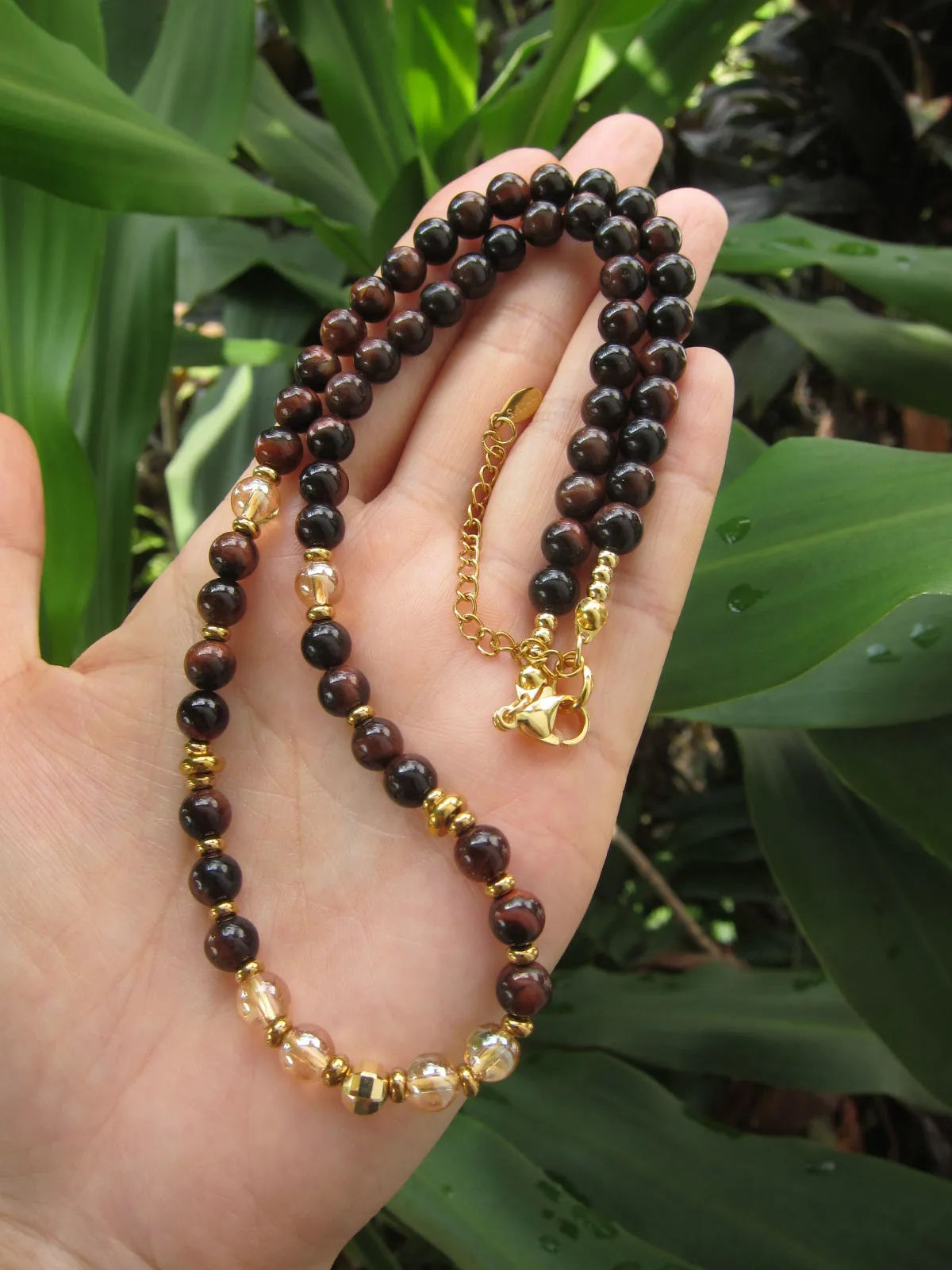 Red Tiger Eye, Aura Quartz Beaded Necklace in Stainless Gold Clasp