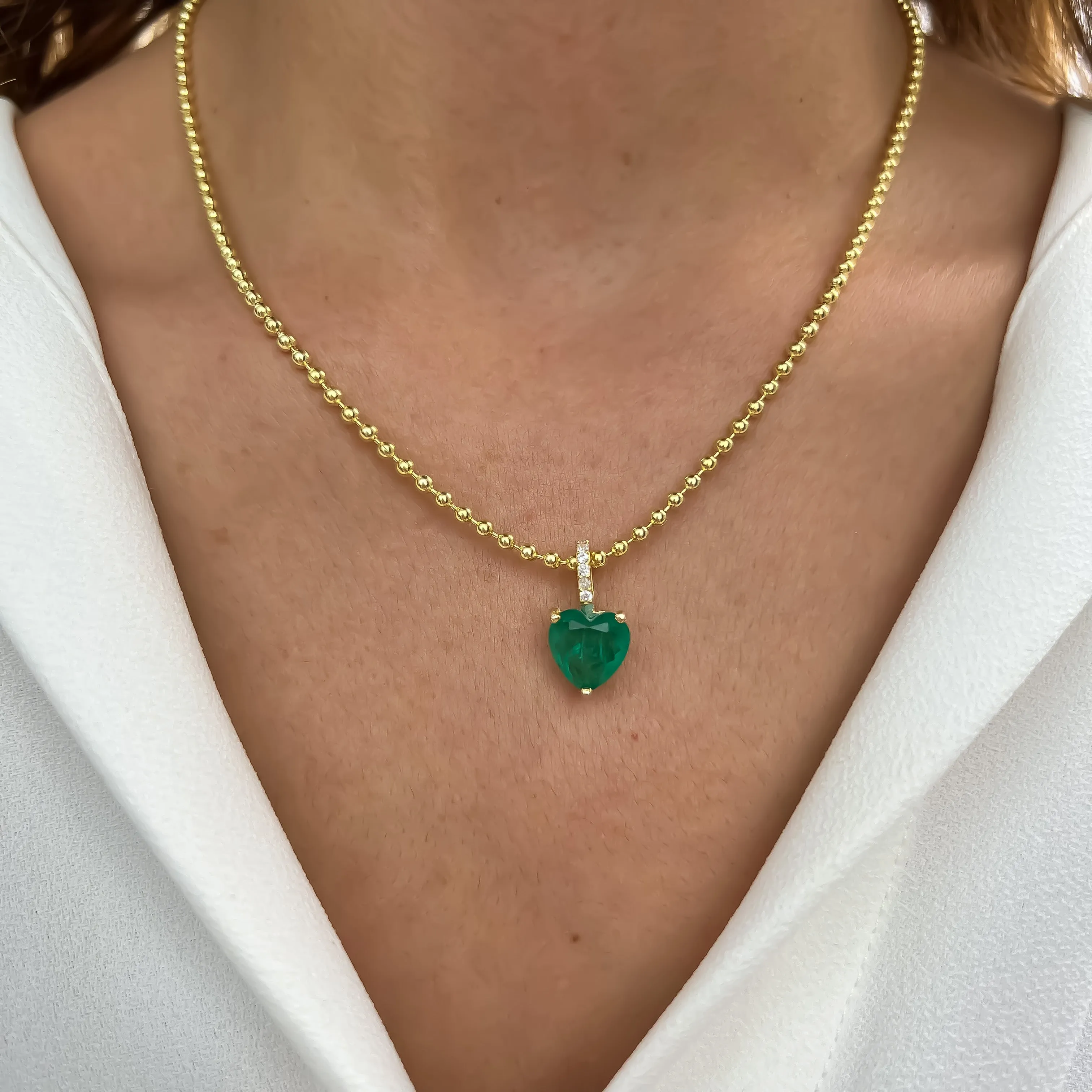 Silver gold plated bead chain emerald heart necklace