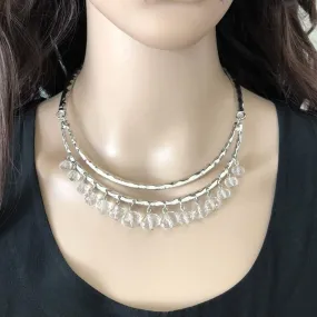 Silver Metal Collar Necklace with Clear Crystal Beads