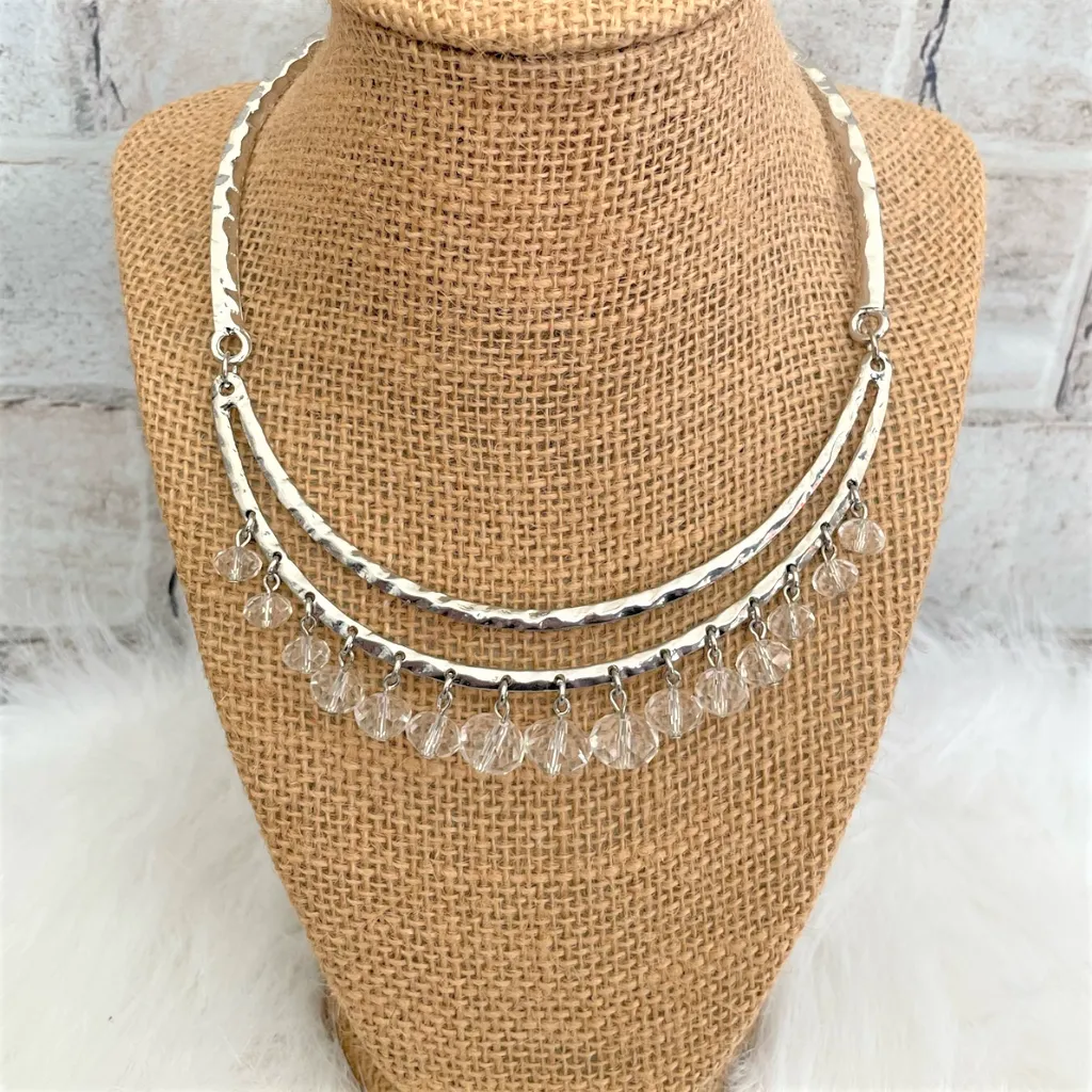 Silver Metal Collar Necklace with Clear Crystal Beads