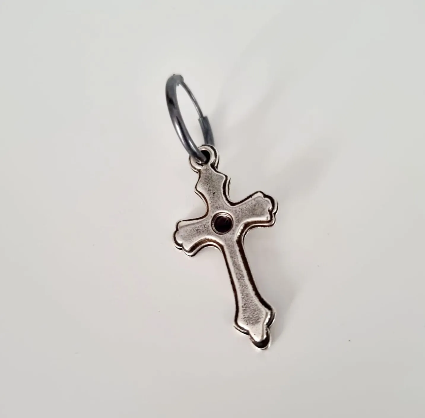 Single Black Hoop Earring with Cross for Men