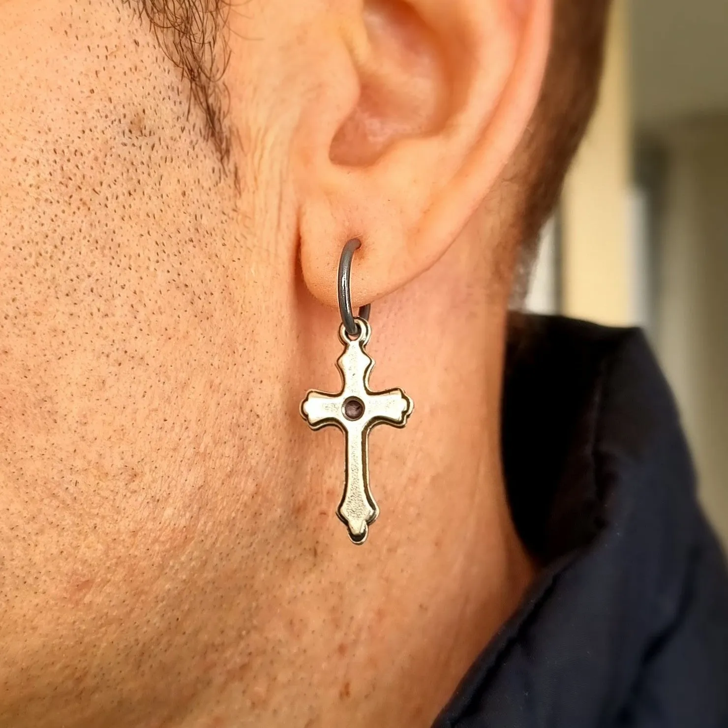 Single Black Hoop Earring with Cross for Men