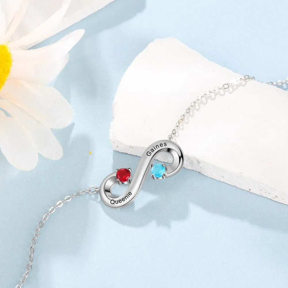 Sterling Silver Personalized Infinity Necklace With 2 Birthstones