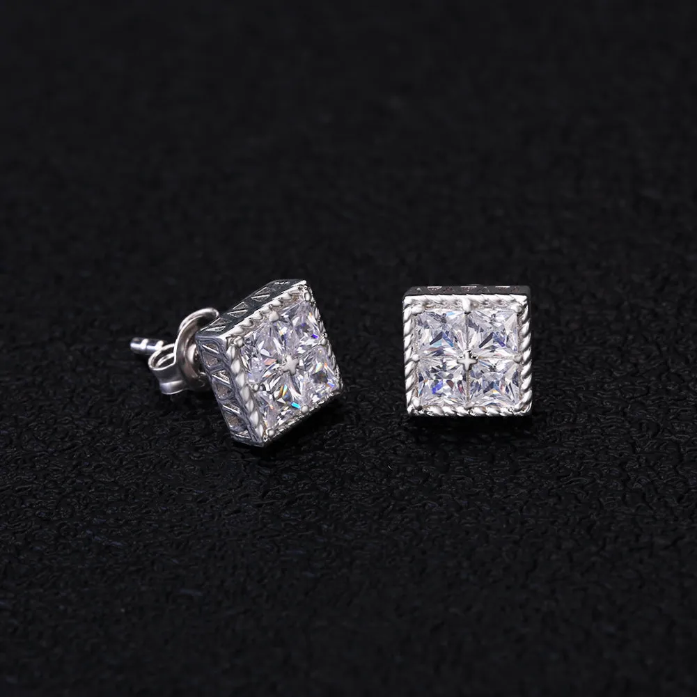 Sterling Silver Princess Cut Diamond Stud Earrings for Men KRKC